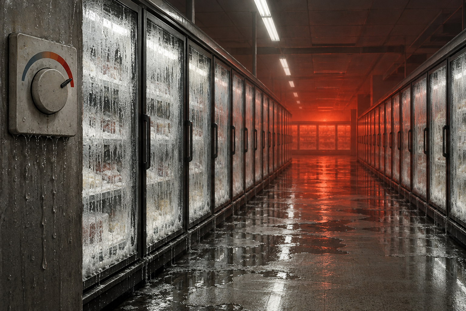 An empty supermarket freezer aisle at night, with dripping glass doors, puddles on the floor and a thermostat dial turned all the way up.