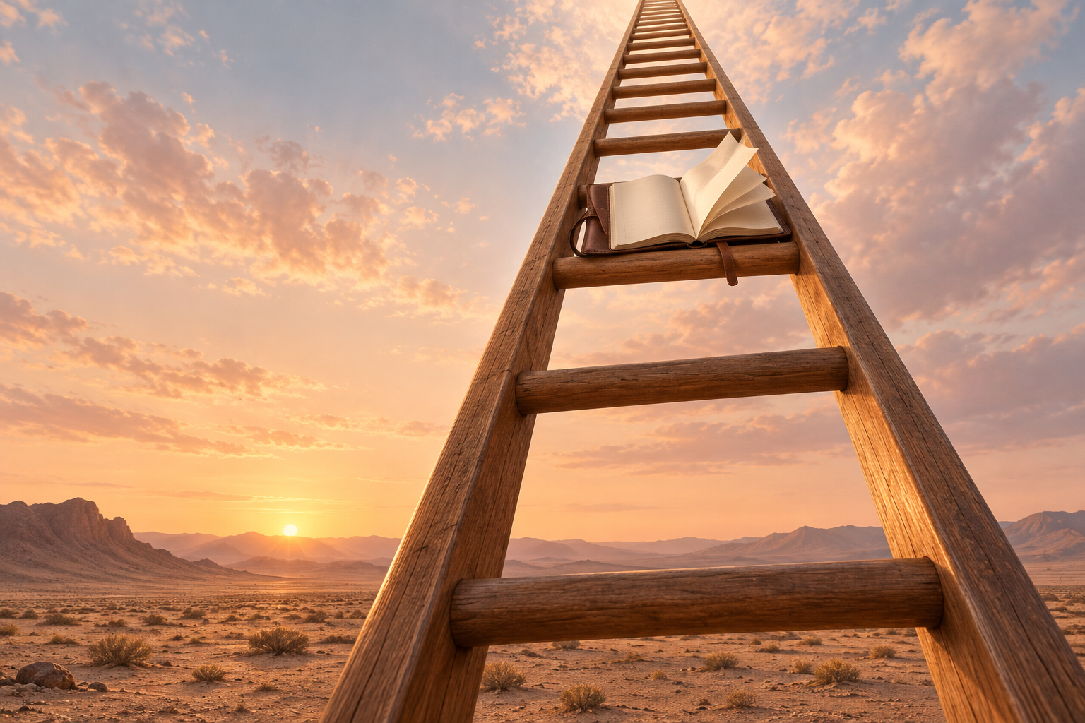 A tall wooden ladder rises into a dawn sky over a desert, with an open notebook resting on one of its upper rungs.