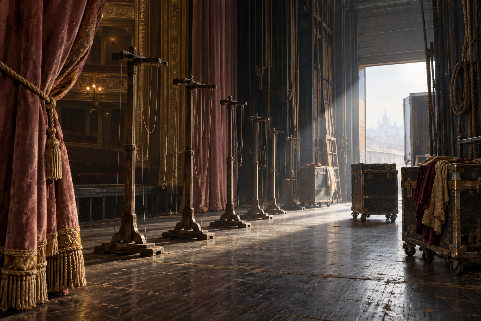 An empty theater stage with slack marionette strings and costume trunks being wheeled toward a sunlit loading door.