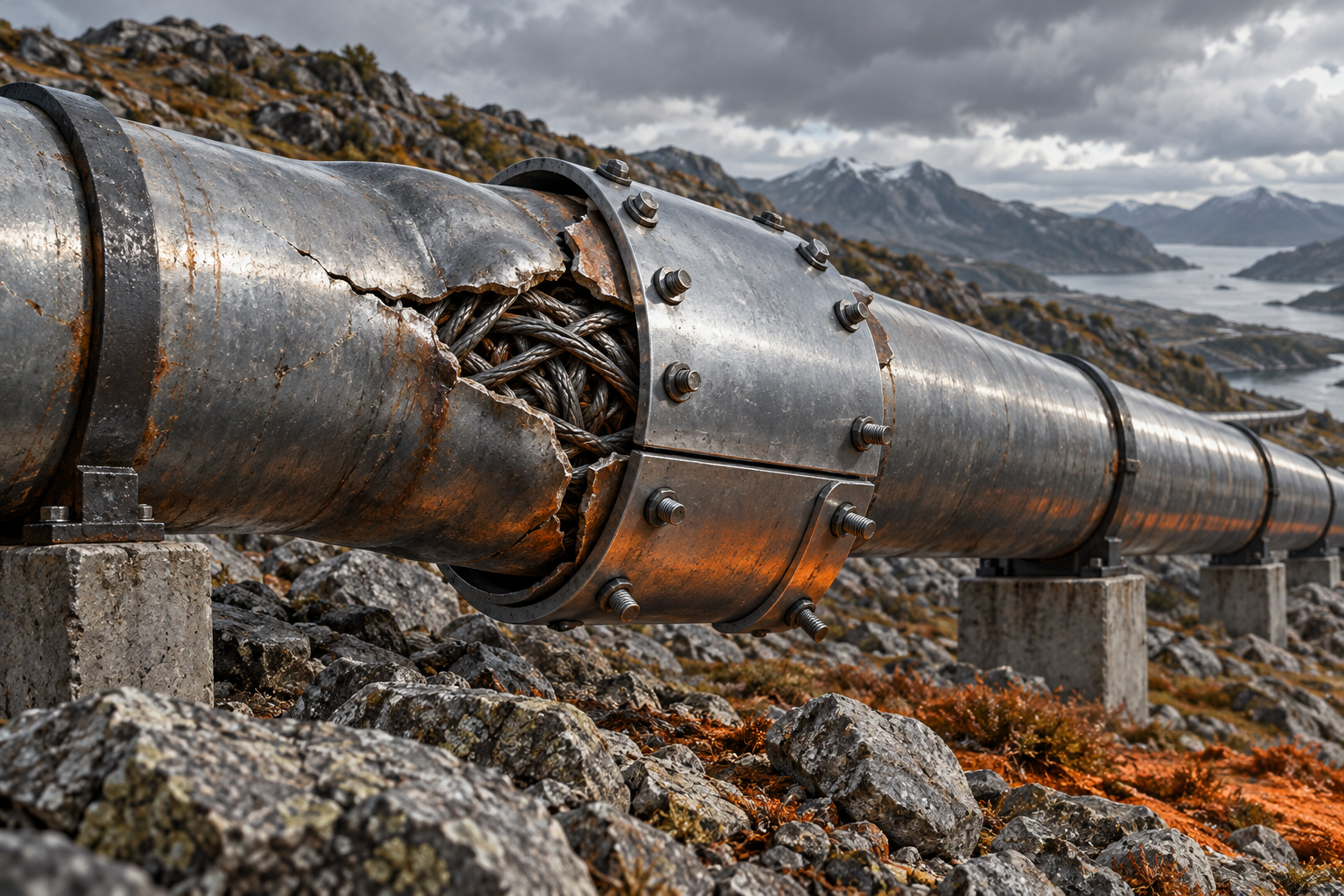 An industrial pipeline on a hillside with a cracked, bulging section where tangled wire has forced its way in, being covered by a steel repair clamp.