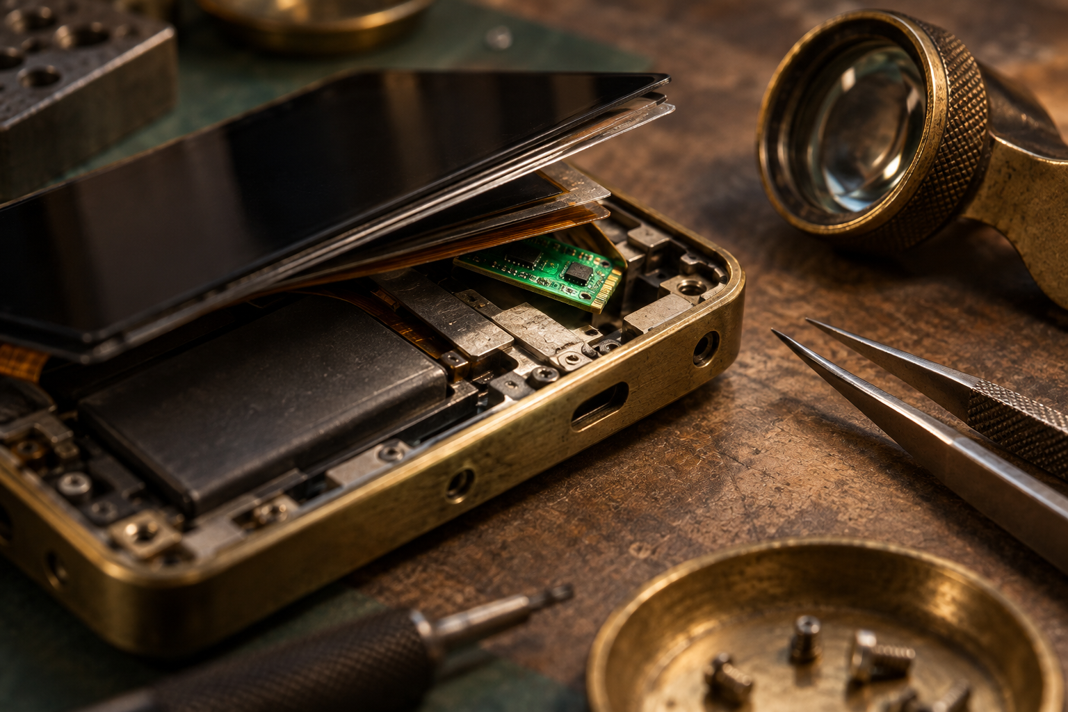 Close-up of an opened handheld device on a workbench, showing a small extra circuit board hidden beneath its display.