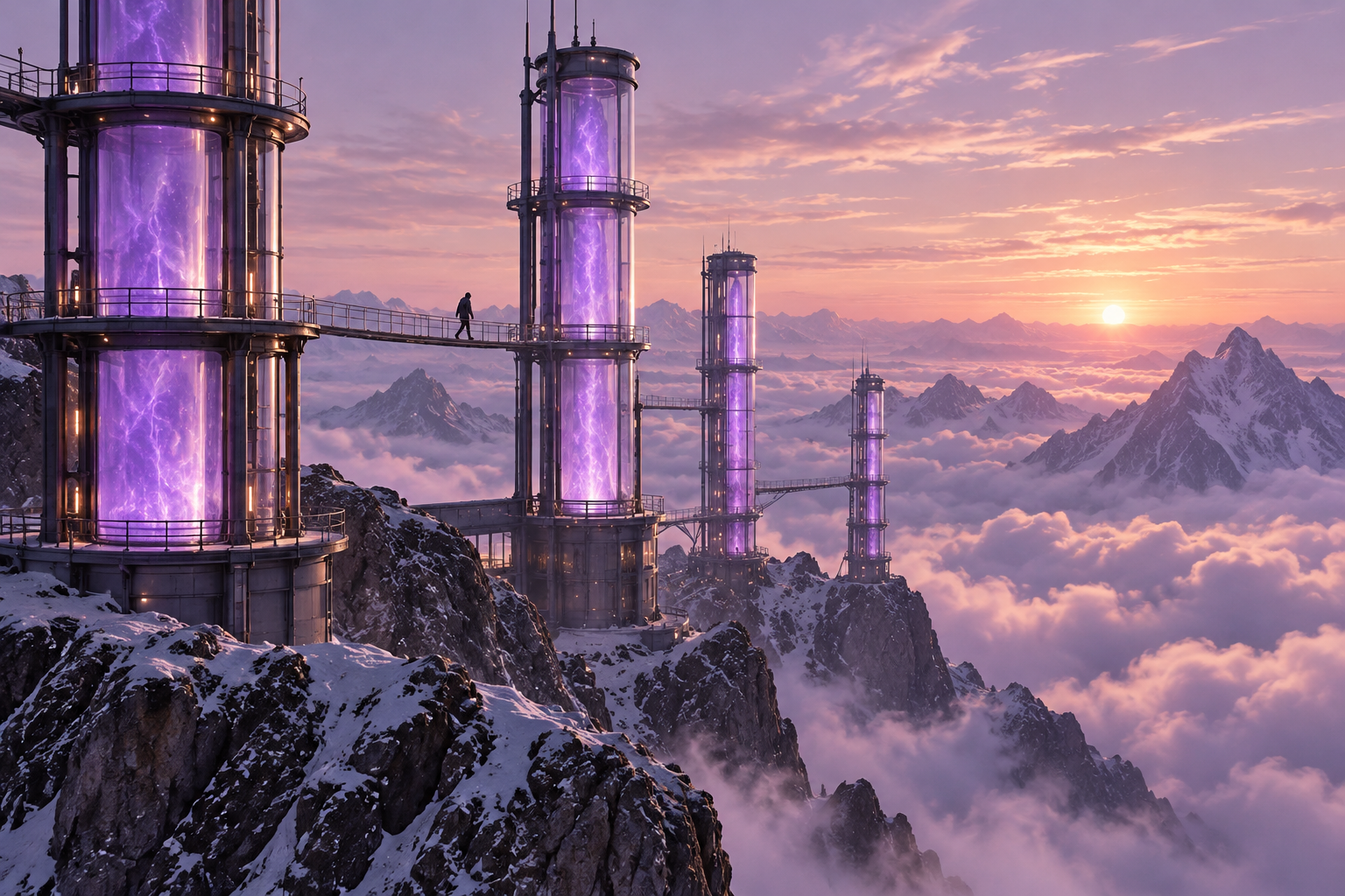Tall glass tubes glowing violet on a mountaintop above the clouds at dawn, with a small distant figure walking between them.