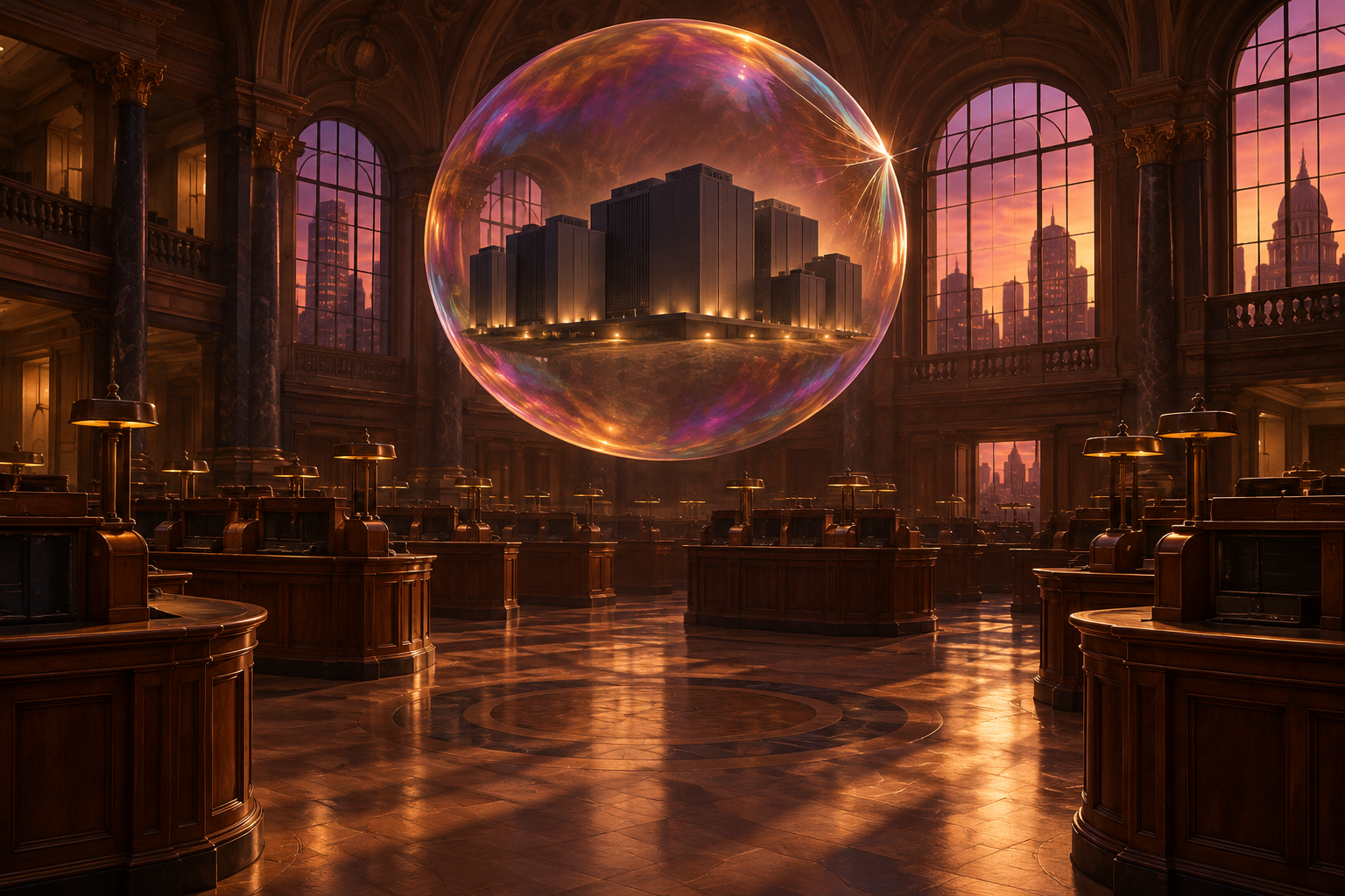 A giant soap bubble holding small data-center buildings floats over an empty trading floor at dusk.