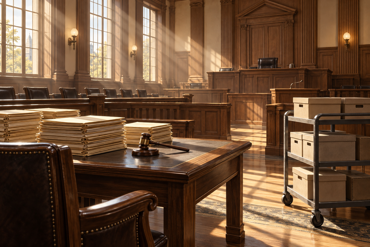 Stacks of manila folders and sealed archive boxes on a cart beside a gavel in a sunlit, wood-paneled courtroom.