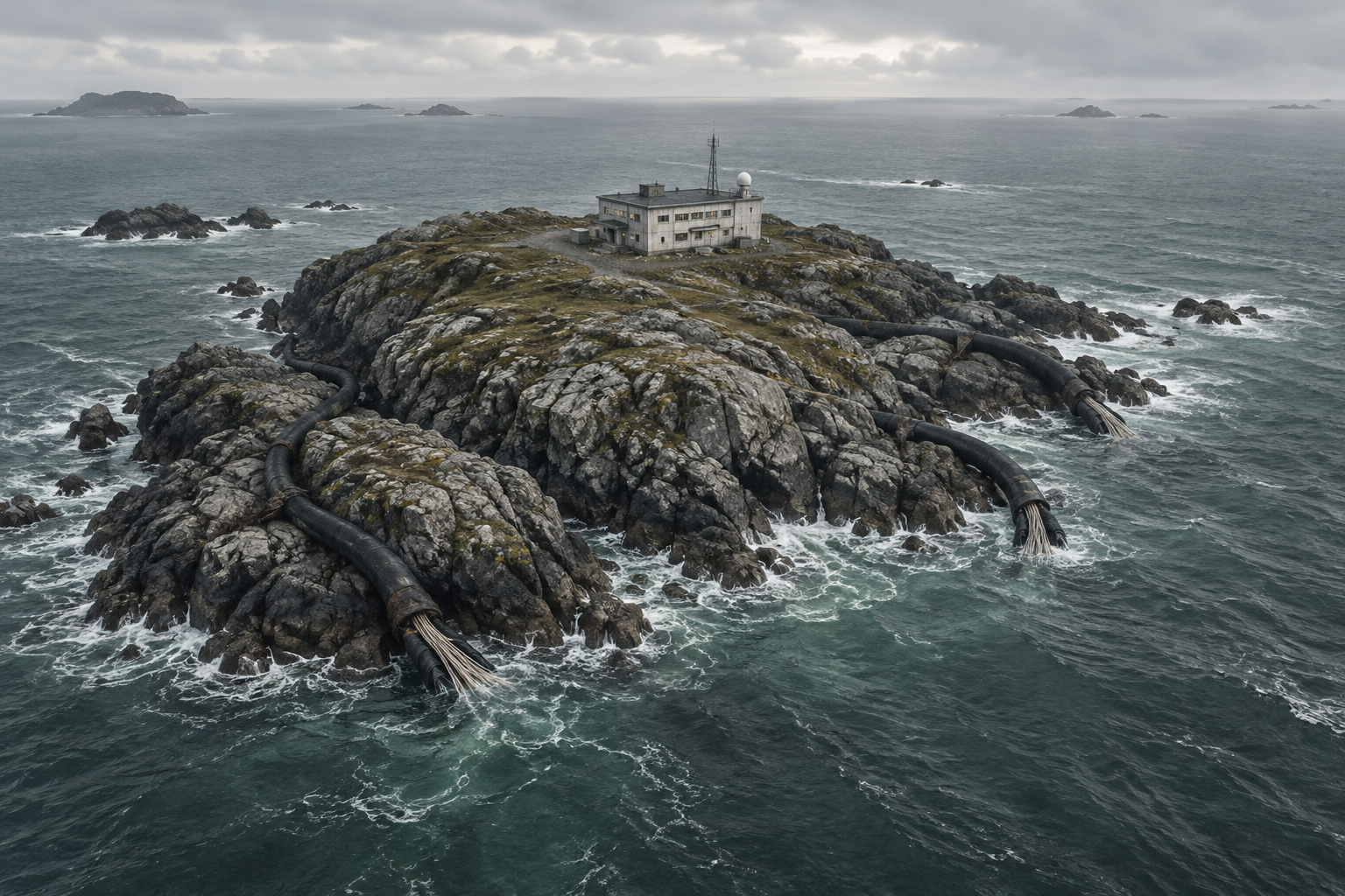 Aerial view of a lone research building on a rocky island, with severed cables lying on the shore.