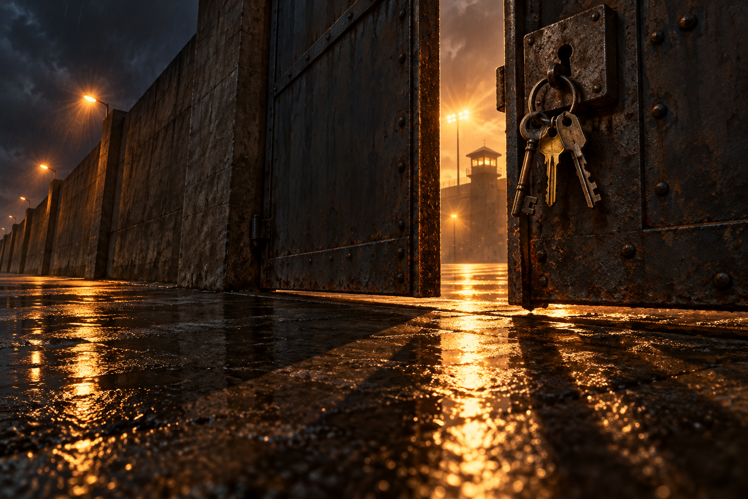 A heavy steel gate standing slightly open at night, with a ring of three keys hanging from its lock in the rain.