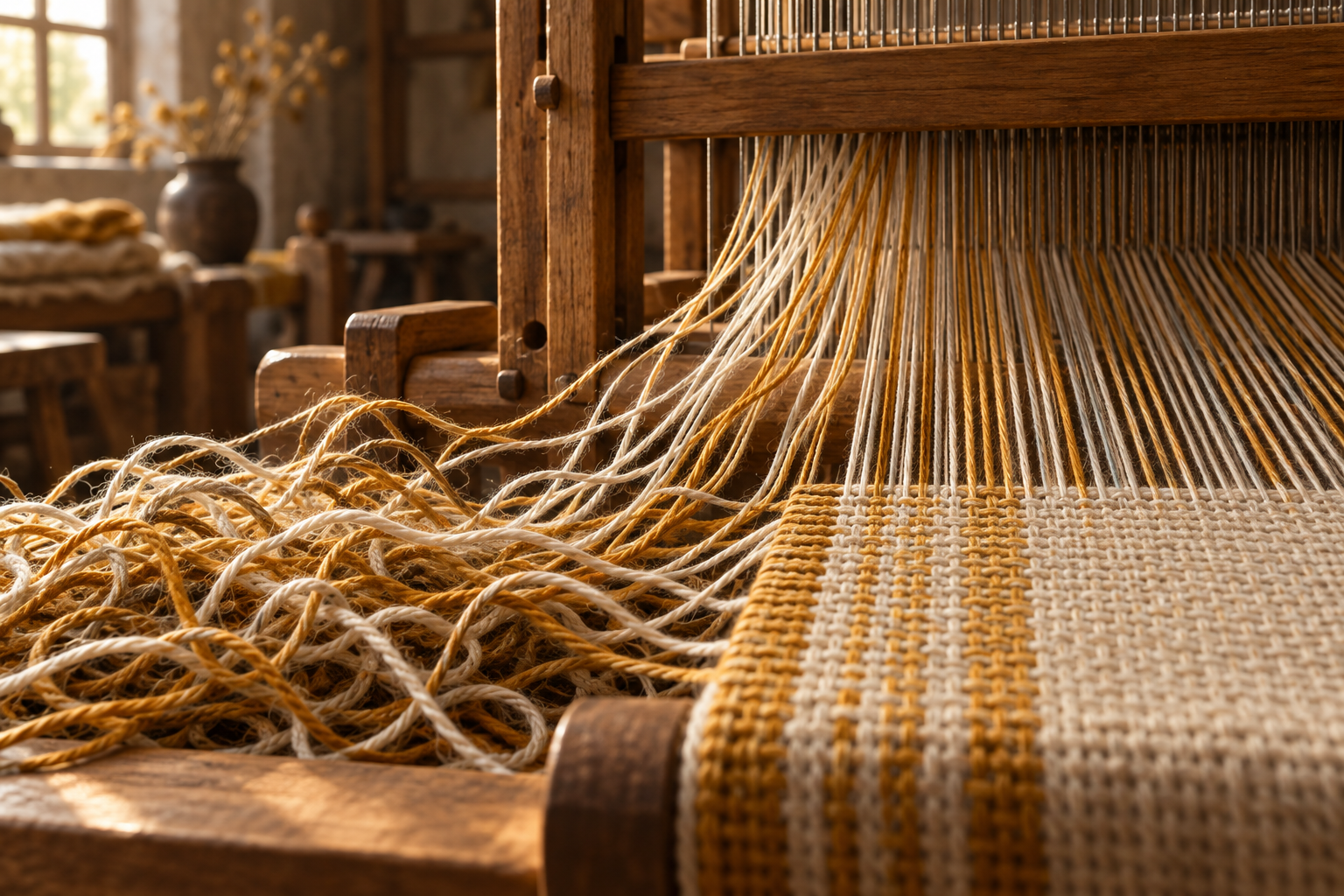 A wooden loom weaving loose threads into an orderly pattern on its own, lit by soft window light.