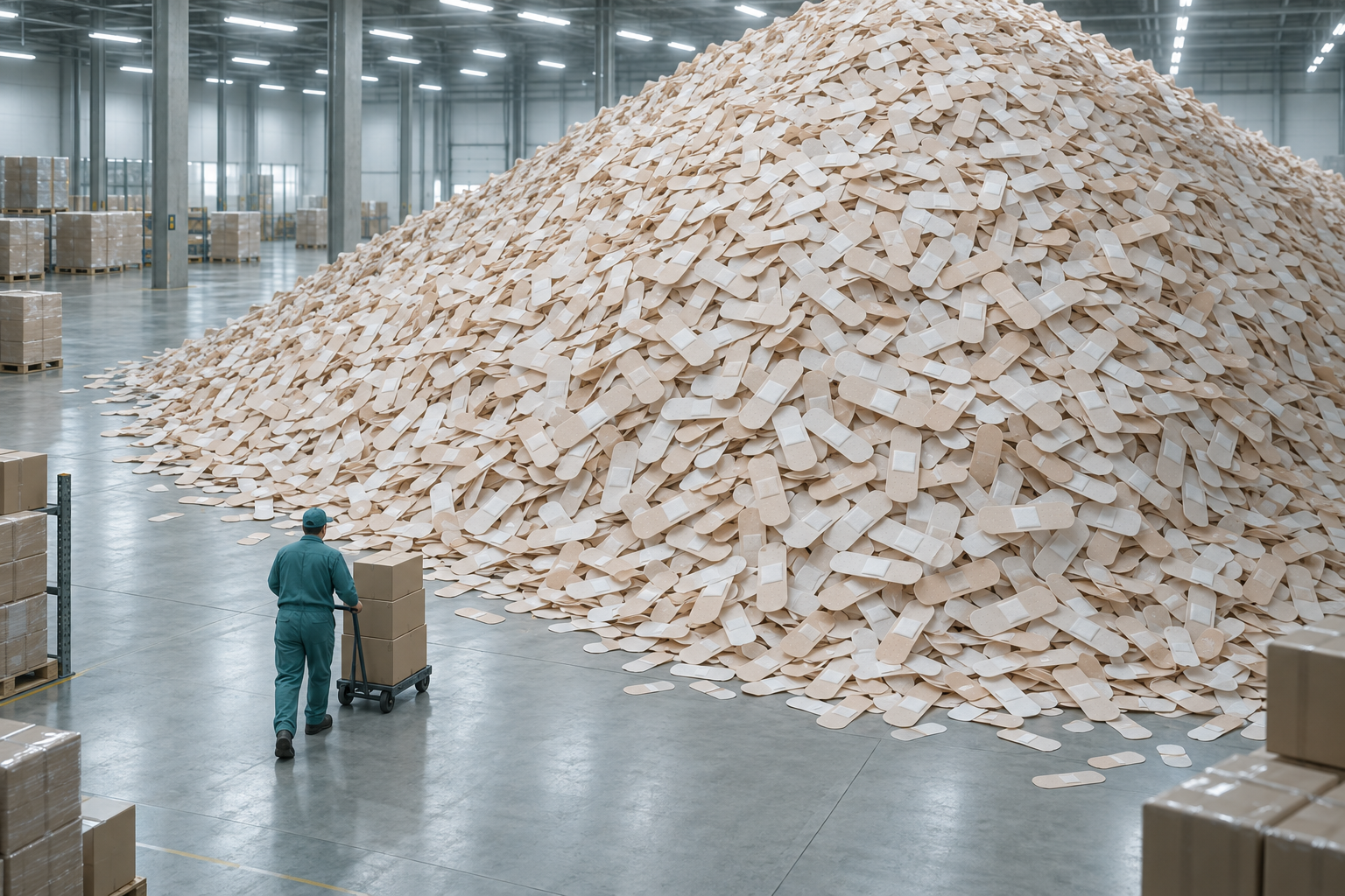 A worker pushes a hand truck toward a huge pile of bandages filling a warehouse floor.