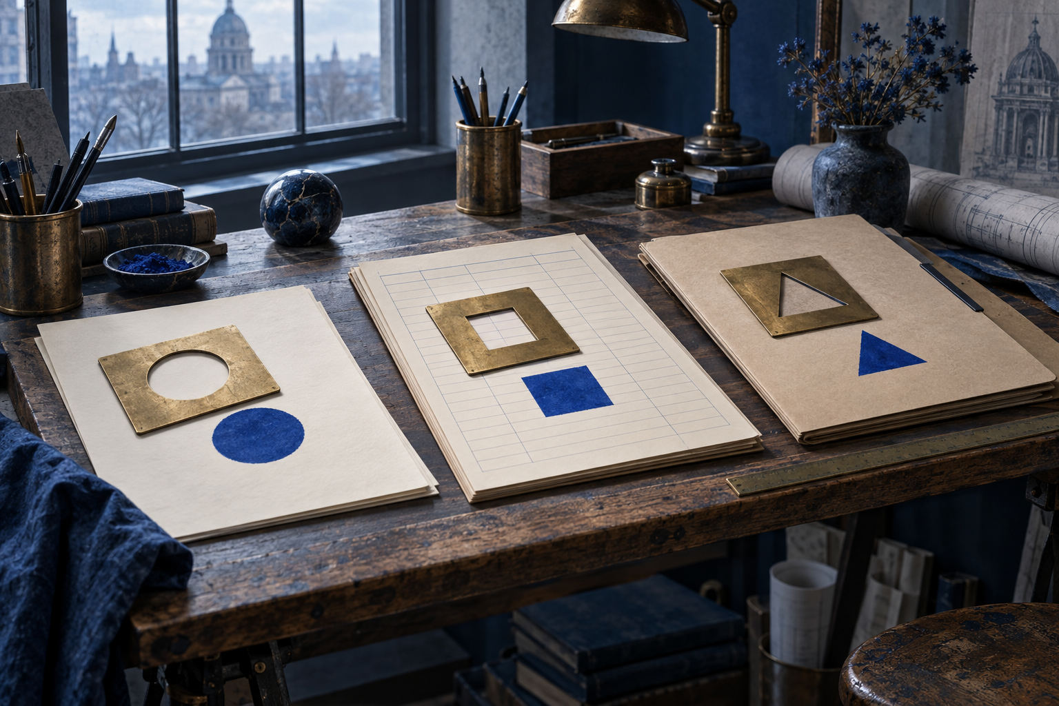 A drafting table with a memo, a ledger and a contract, each marked by a different brass stencil, in cool daylight.
