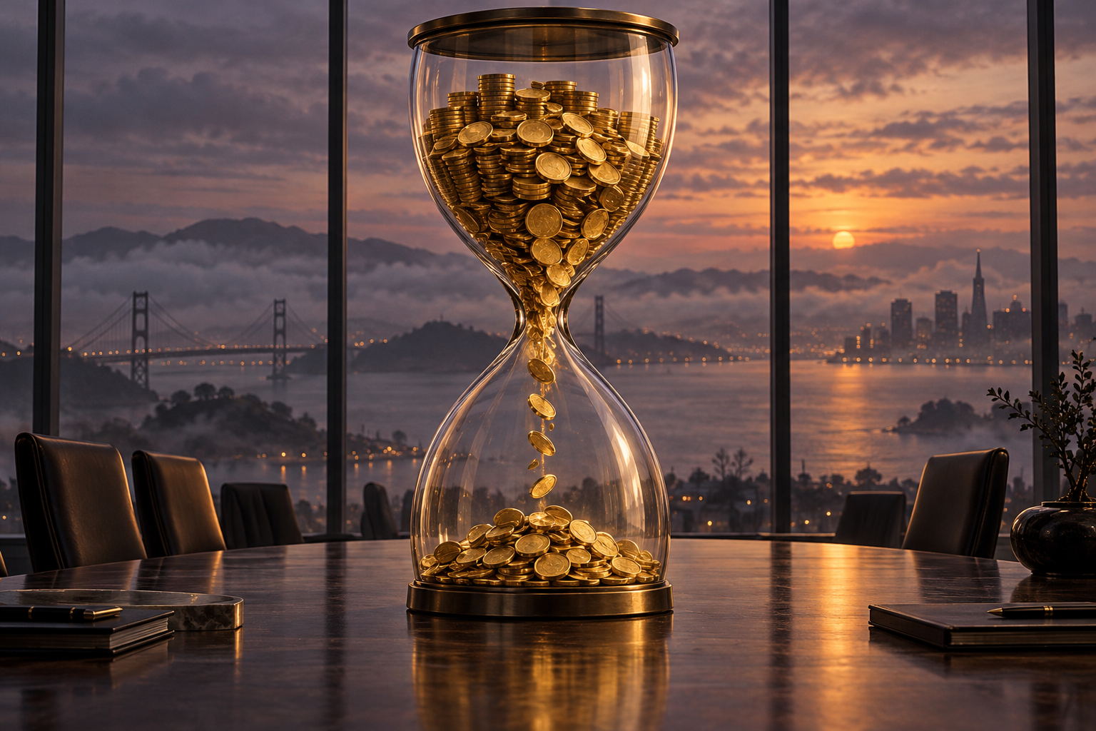 An hourglass of gold coins on a boardroom table, with the stream of coins thinning against a foggy dusk view.