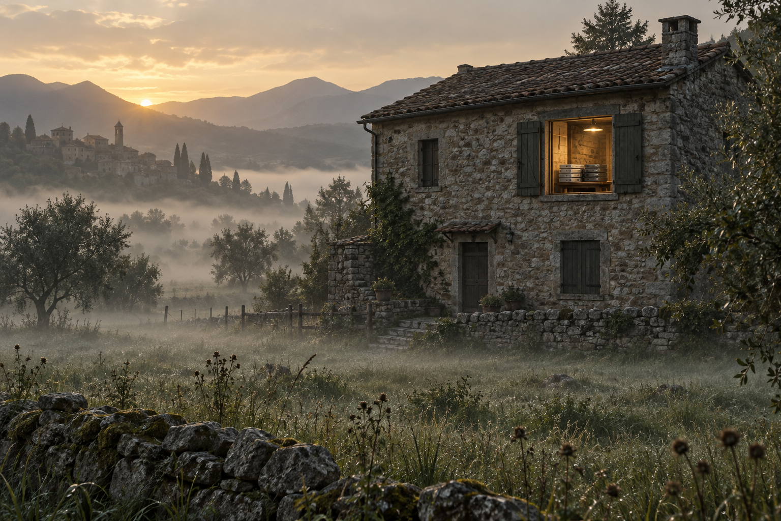 A stone village house at misty dawn, with a lit window showing unplugged hard drives on a wooden table.
