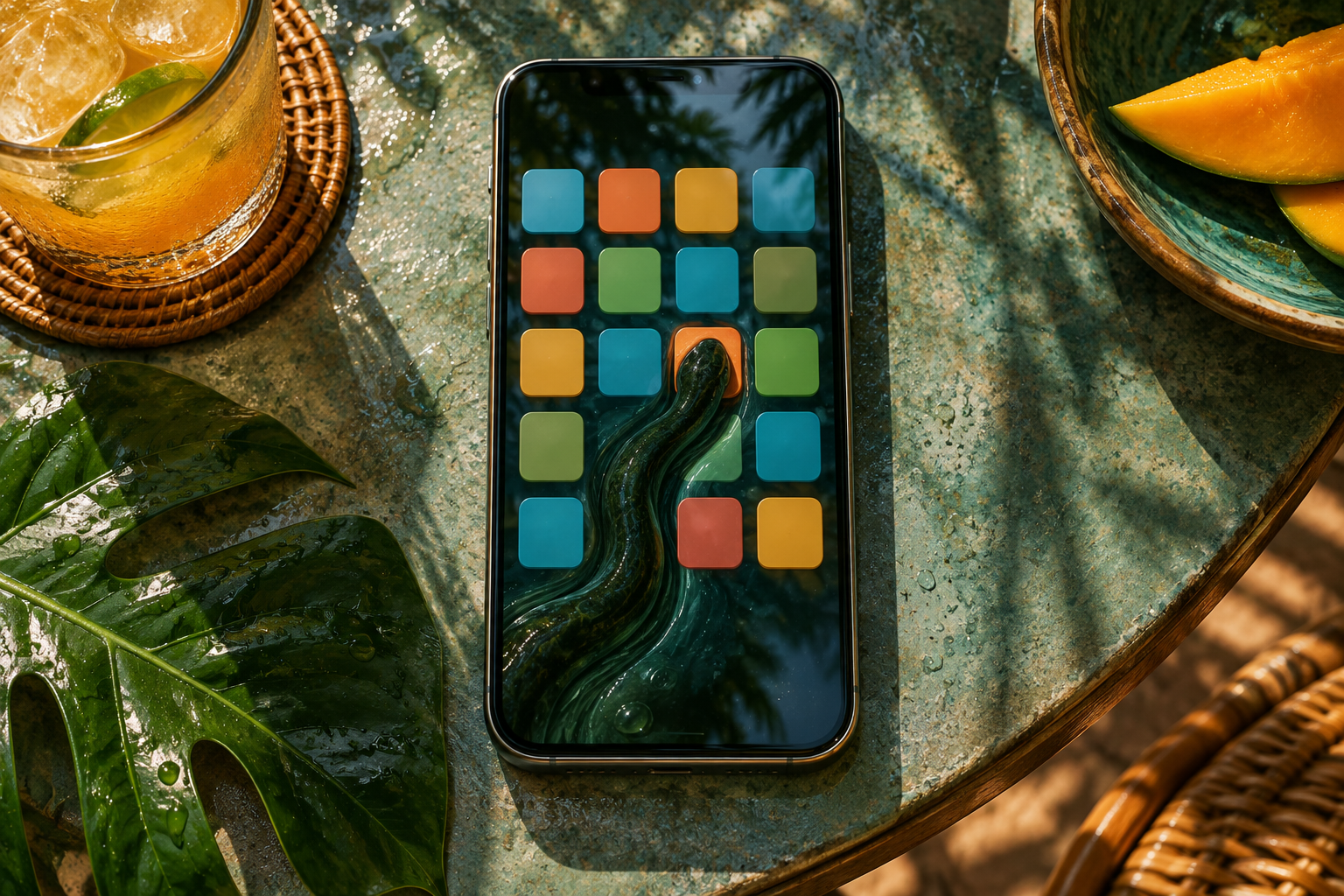 An overhead view of a phone on a café table, with a leech-like shape under the glass swapping out one app tile.