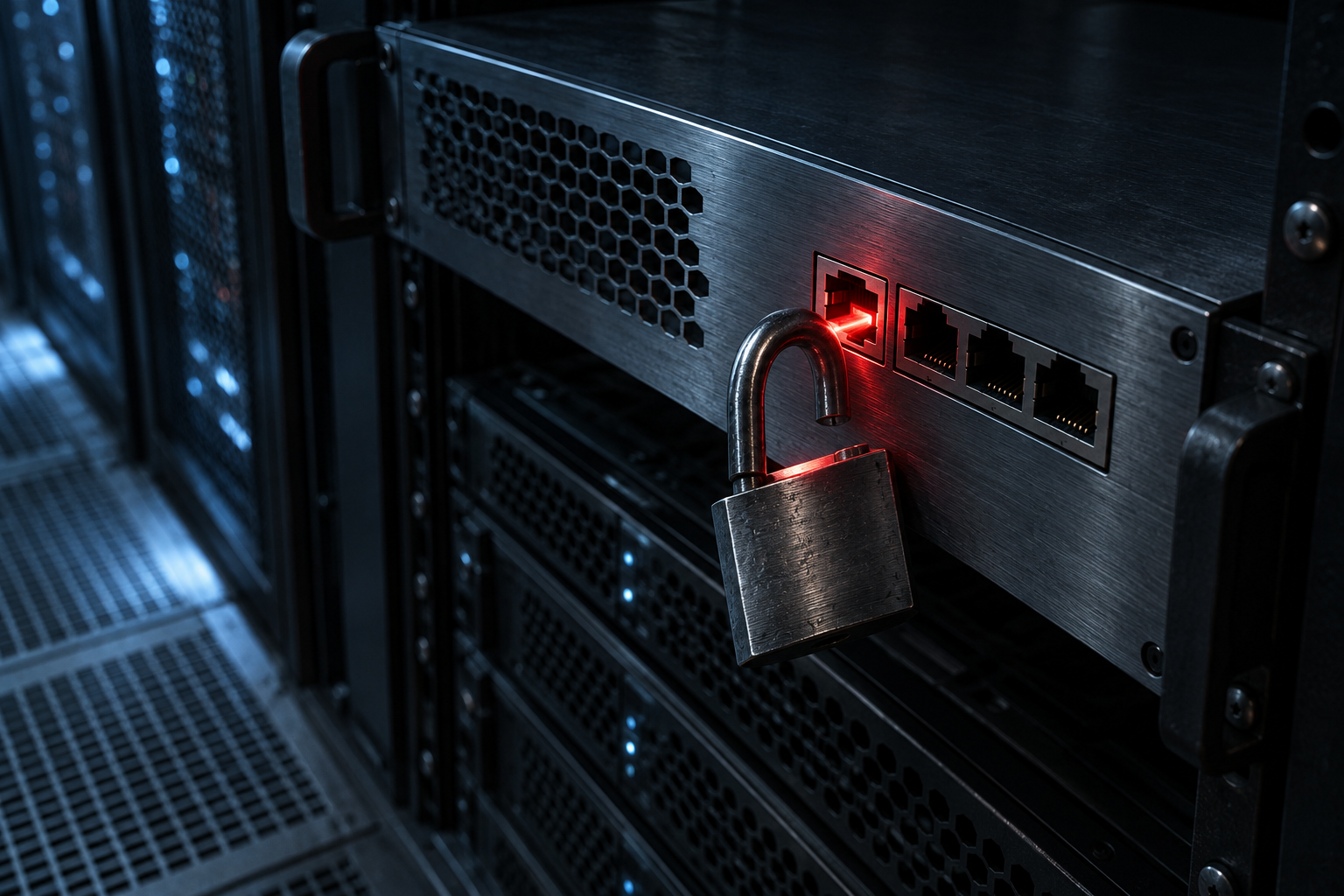 A rack-mounted firewall in a dark server aisle, with red light leaking from one port and an open padlock beside it.
