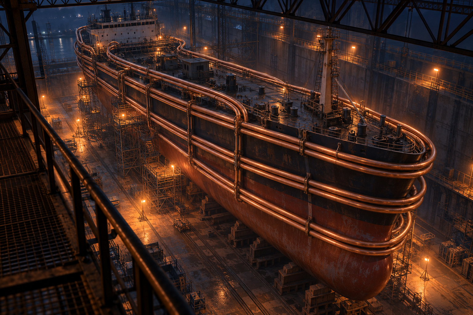 A ship in a covered dry dock wrapped in a looping copper coil, with inspection lamps on scaffolding at night.
