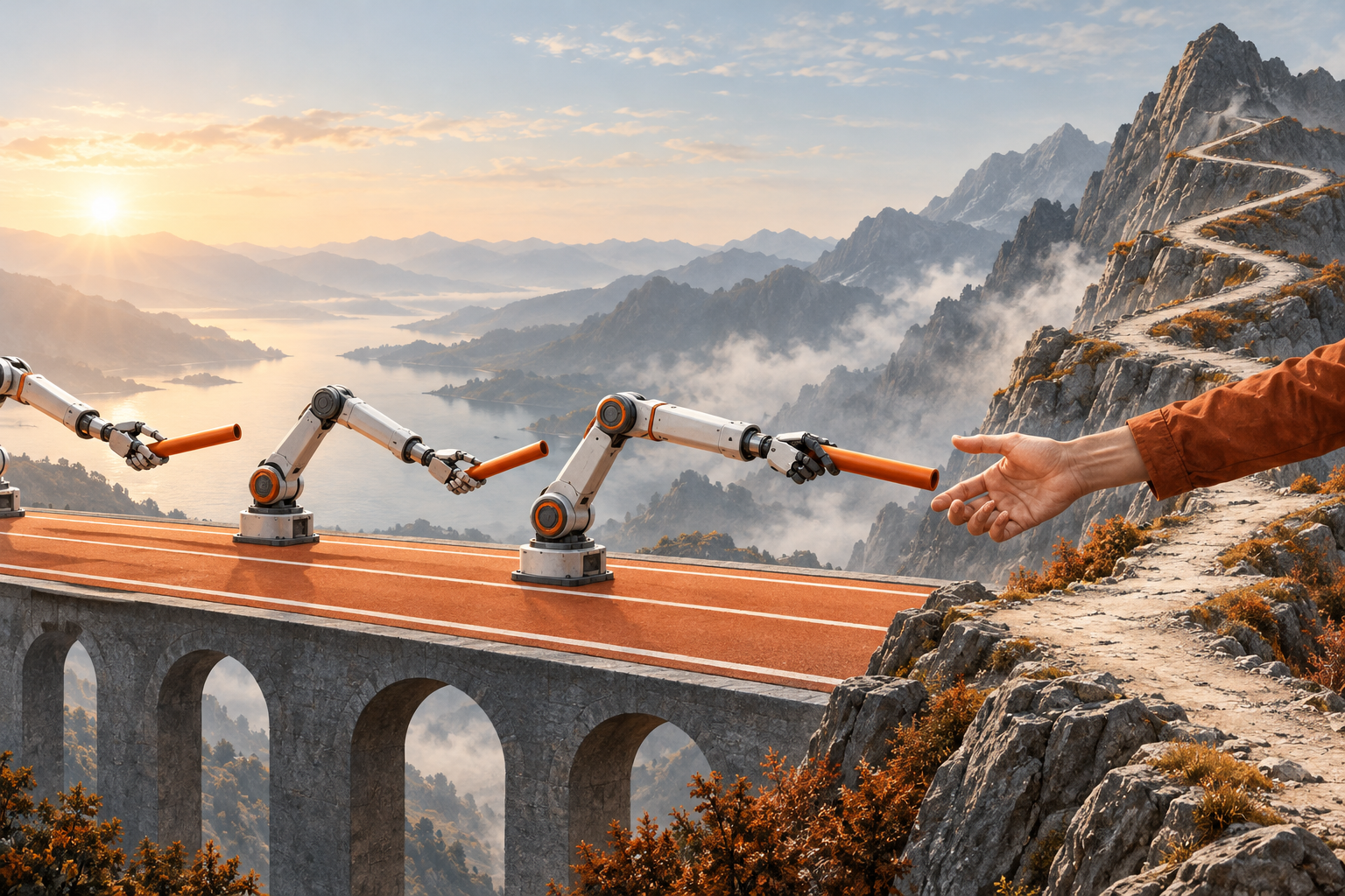A relay track where mechanical arms pass a baton on flat ground and a human hand carries it up a steep path.
