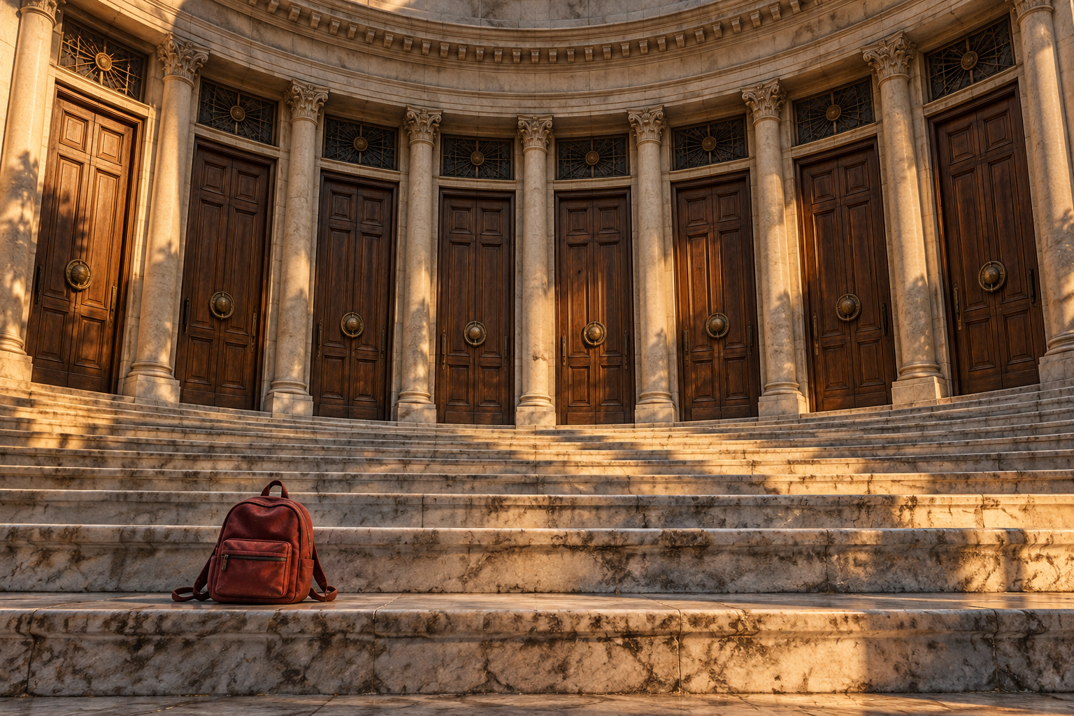 Eight courthouse doors in a curved row above marble steps, with a child's backpack on the lowest step in late-afternoon light.