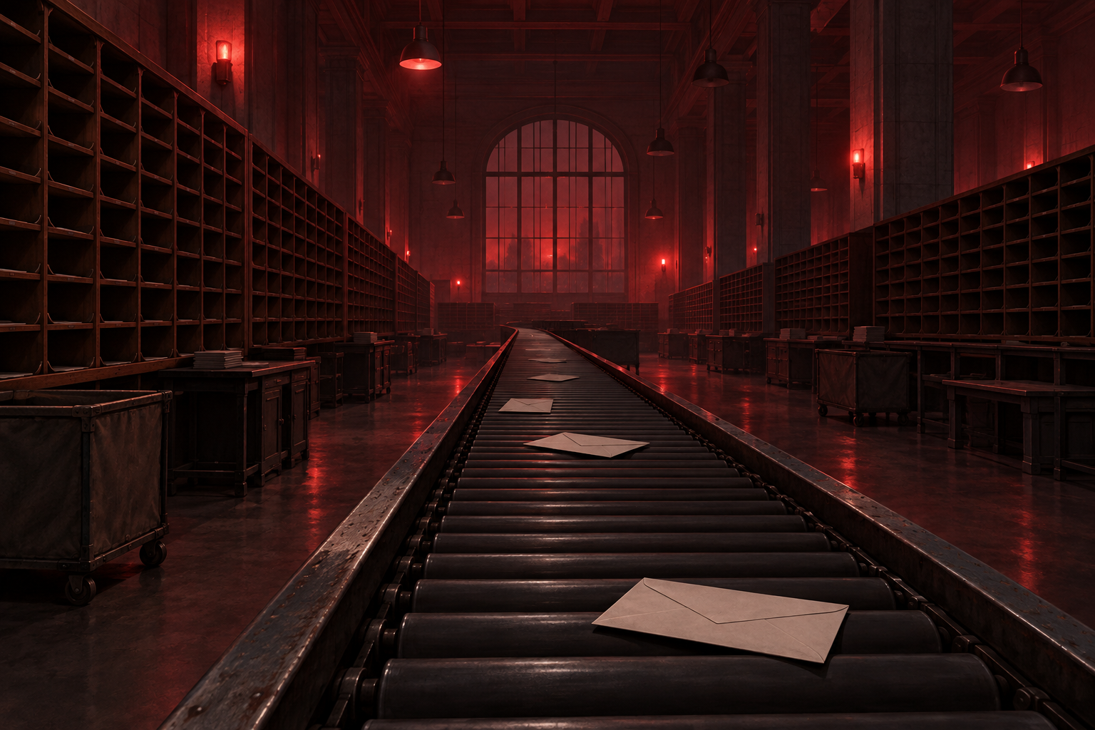 An empty mailroom with bare sorting slots and a stopped conveyor belt under dim red emergency lighting.