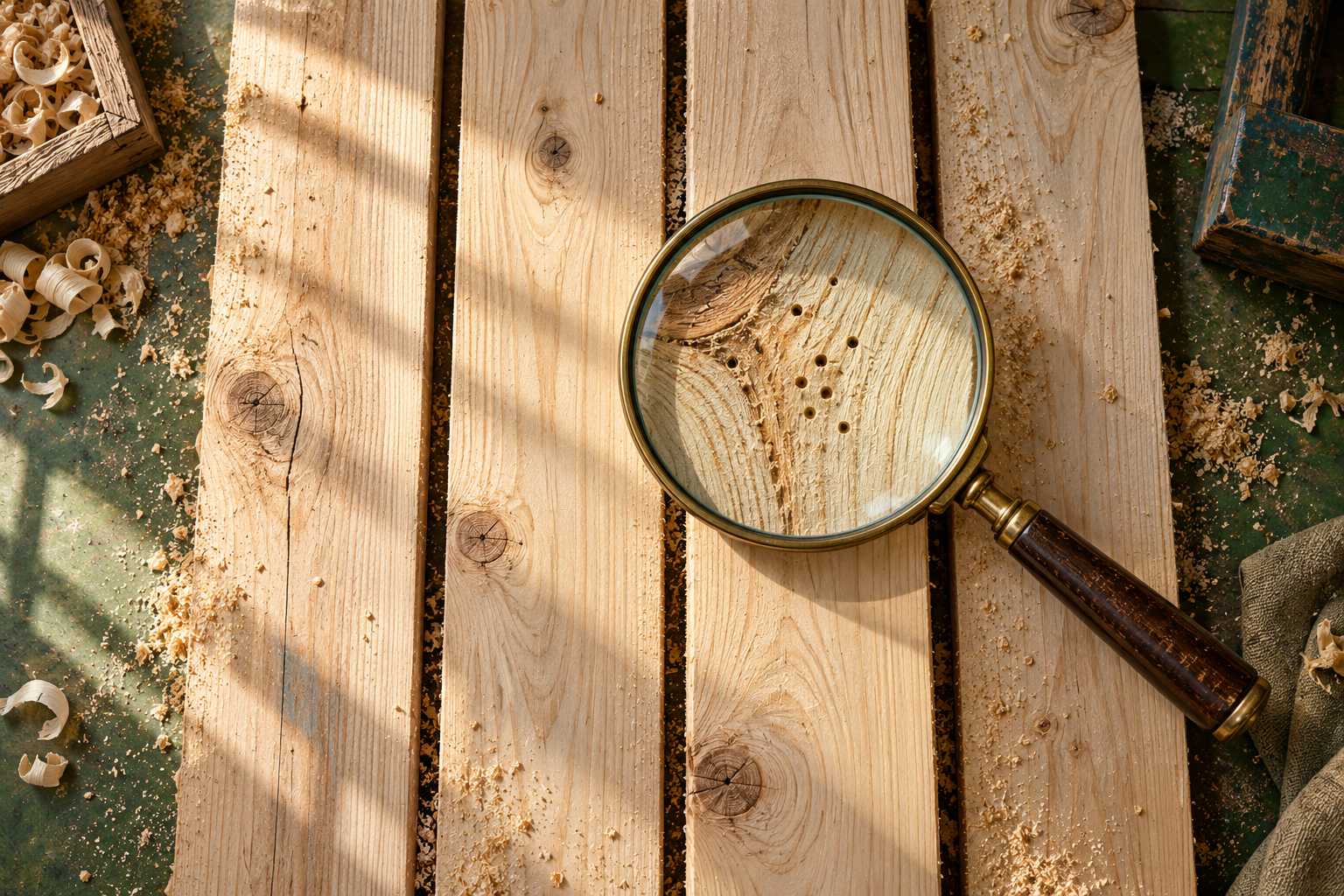 A magnifying glass revealing small wormholes in one of several lumber planks on a workshop floor.