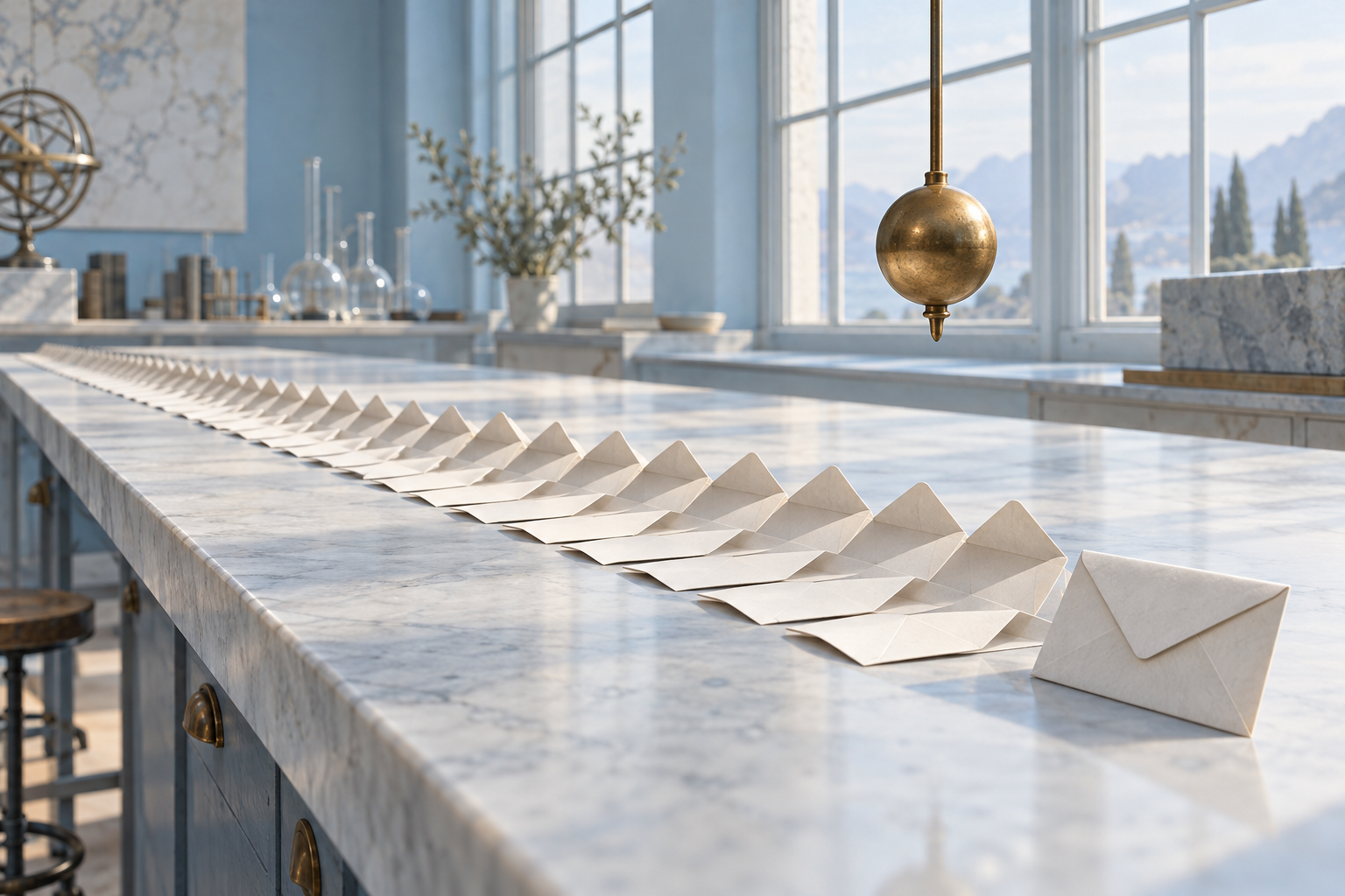 A row of fifty envelopes on a lab bench, all opened but one, beneath a still brass pendulum.
