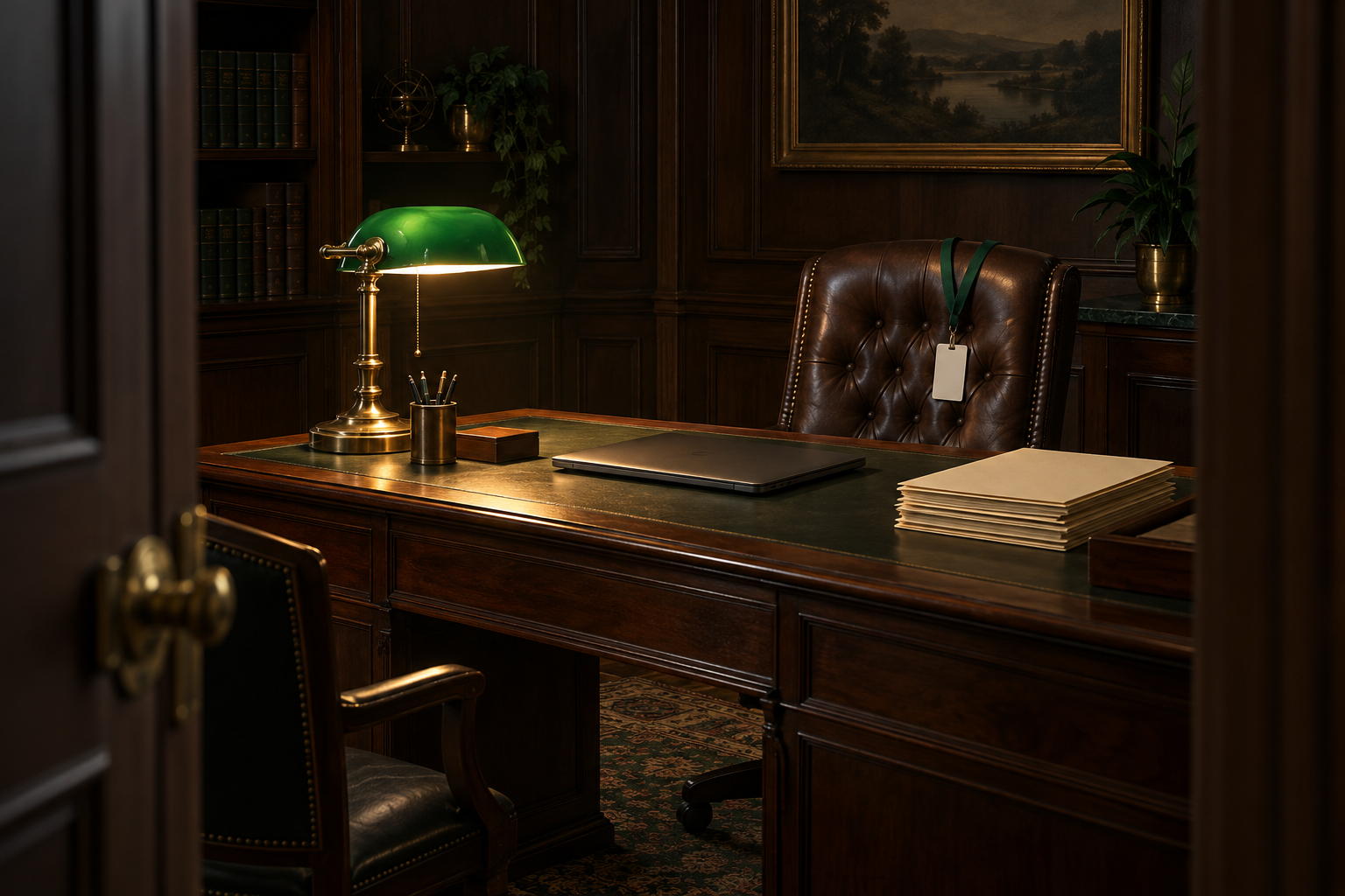 An empty visitor's desk with a closed laptop and a blank badge on a lanyard, lit by a green desk lamp in a wood-paneled room.