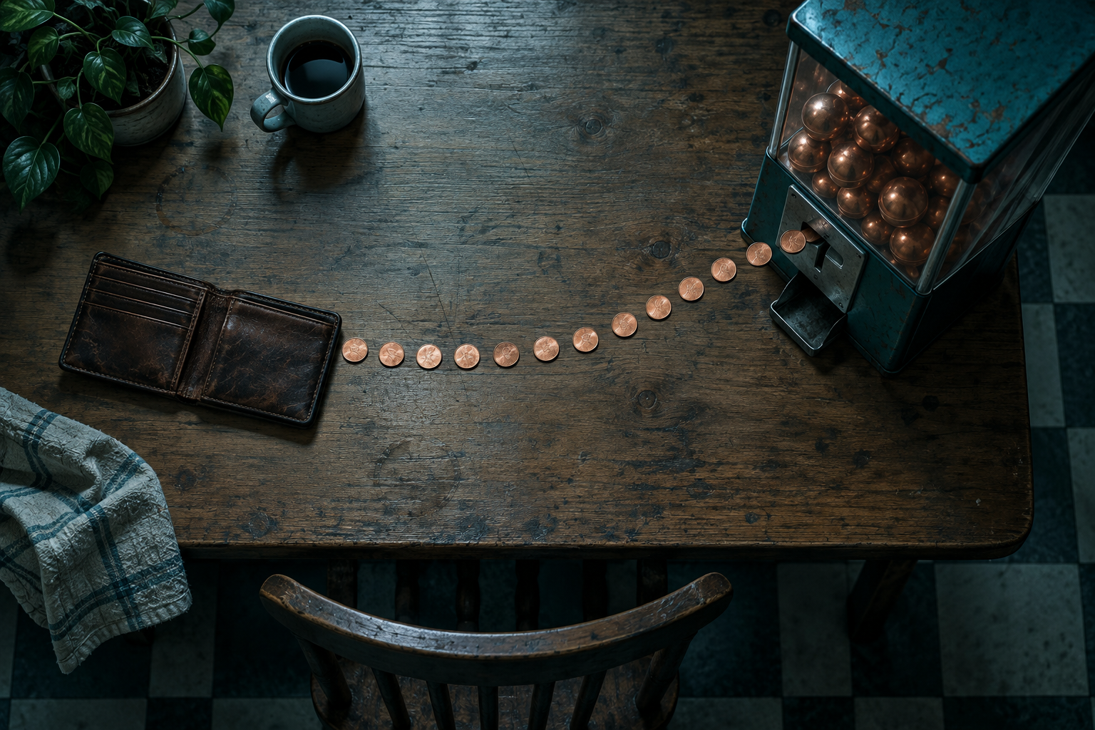 An open wallet on a table with a trail of copper tokens leading into a small vending machine's coin slot.
