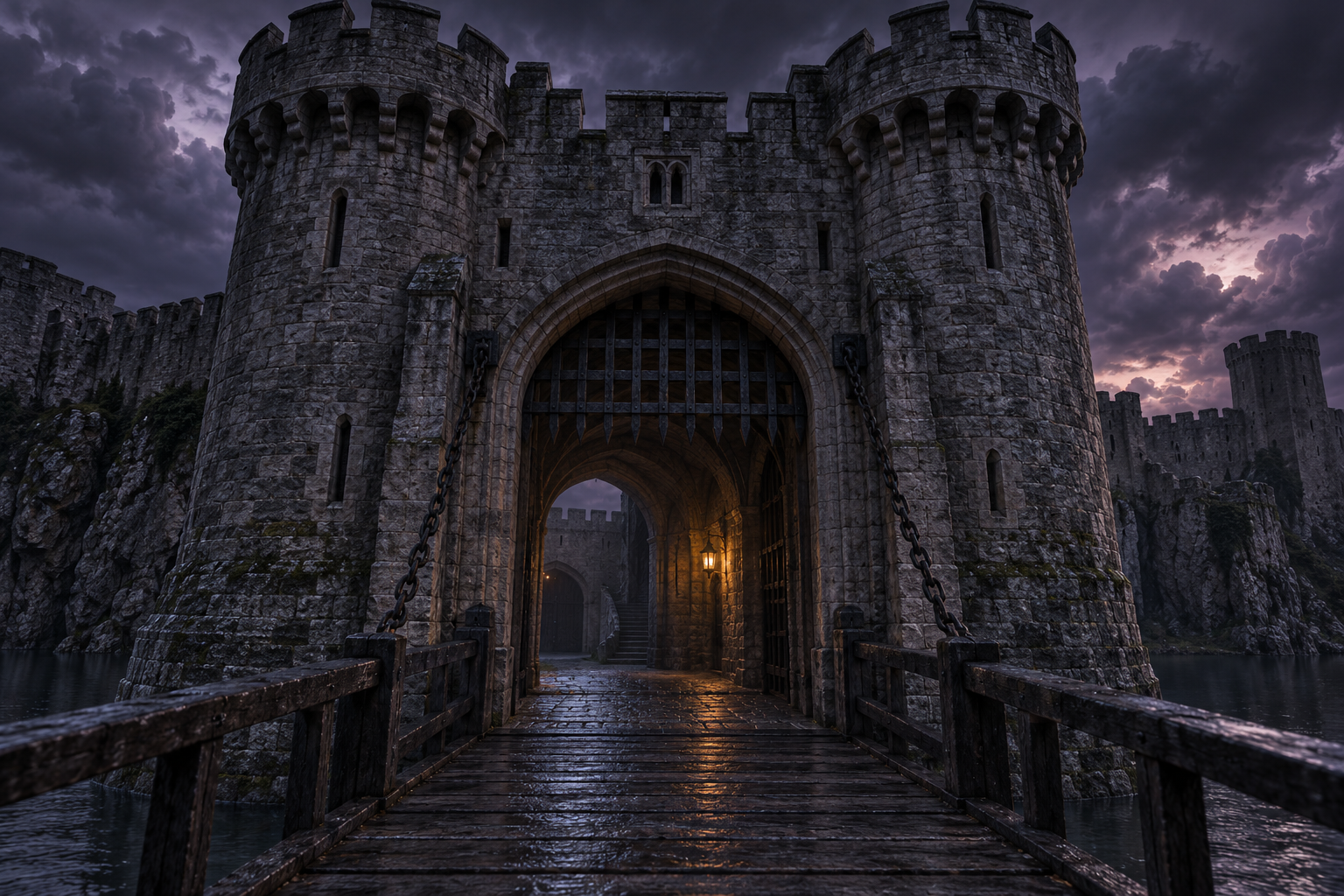 A stone castle gatehouse at dusk with its portcullis partly raised and a lantern glowing inside.