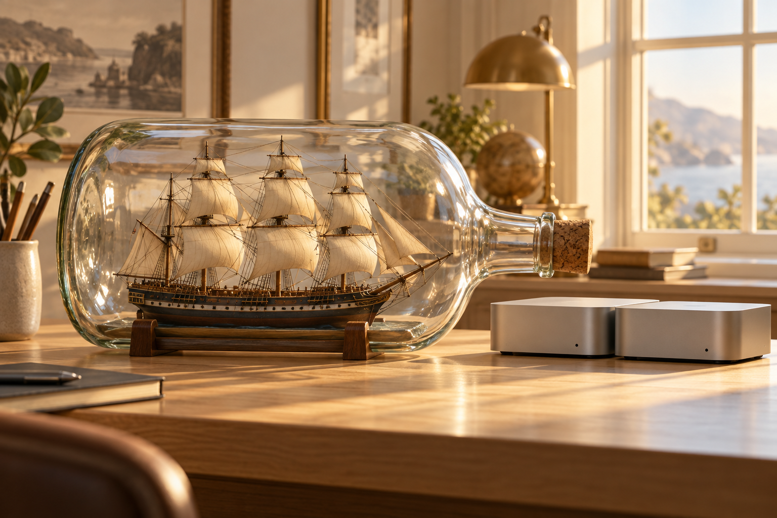 A large ship in a bottle on a home desk beside two small silver desktop computers in warm morning light.