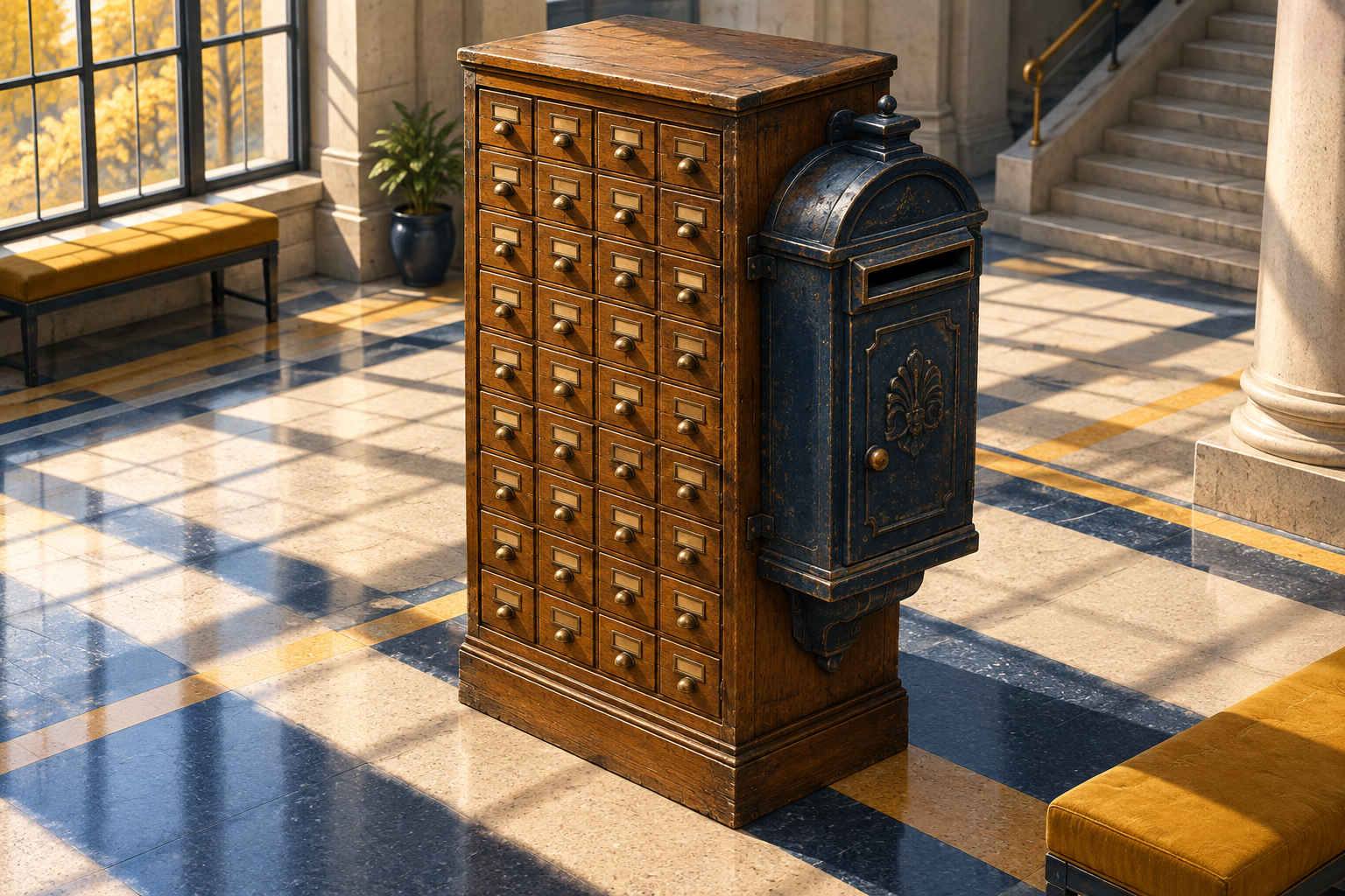 A cast-iron mailbox fused to the side of a wooden card-catalog cabinet in a bright atrium.