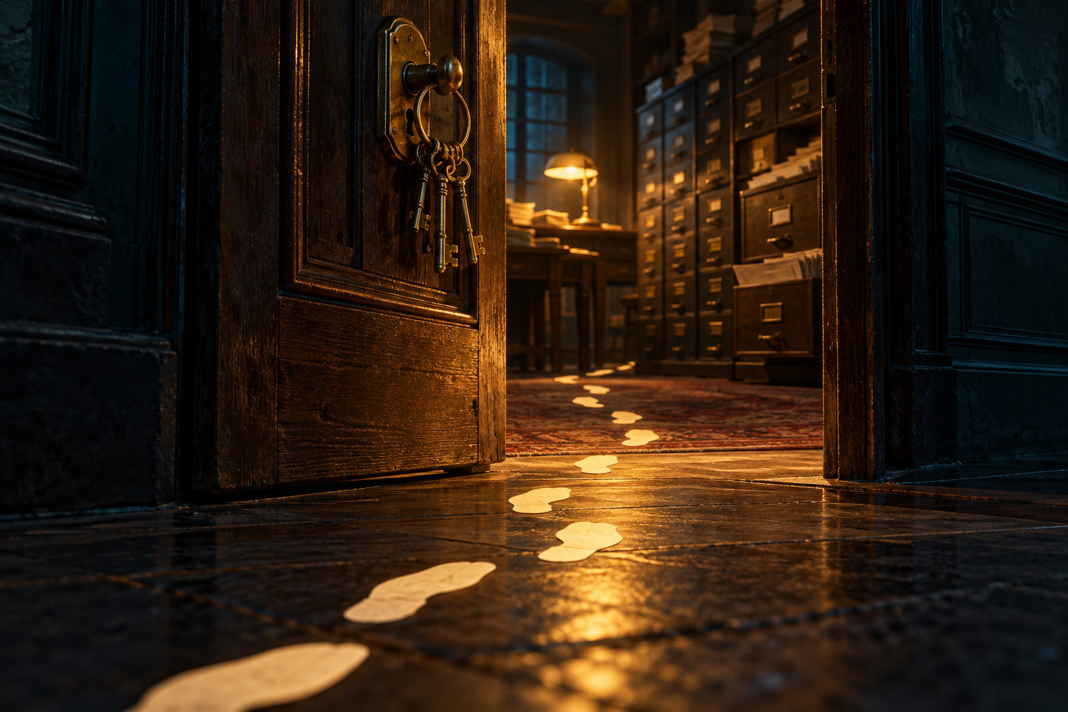 Glowing paper footprints lead through a half-open door whose keys were left hanging in the lock, into a room of filing drawers.