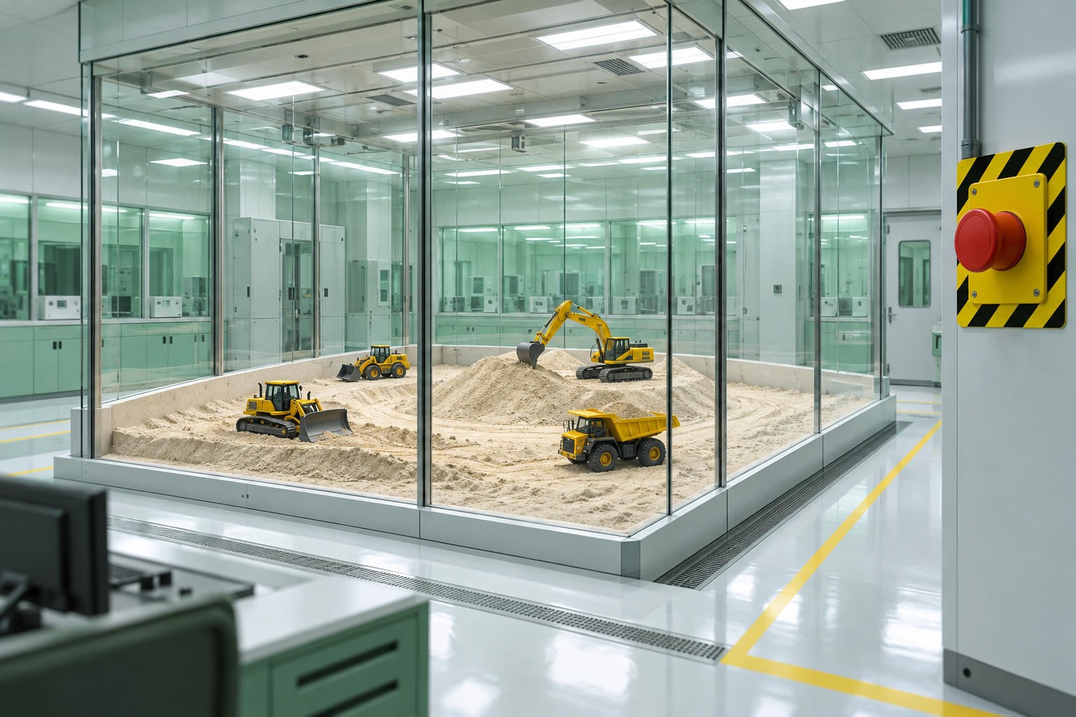 A glass-walled sandbox in a white laboratory, next to a large emergency stop button mounted on the wall.