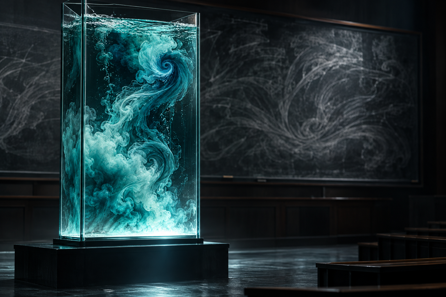 Swirling dye forms turbulent vortices in a lit glass water tank in front of a blurred chalkboard in a dark lecture hall.
