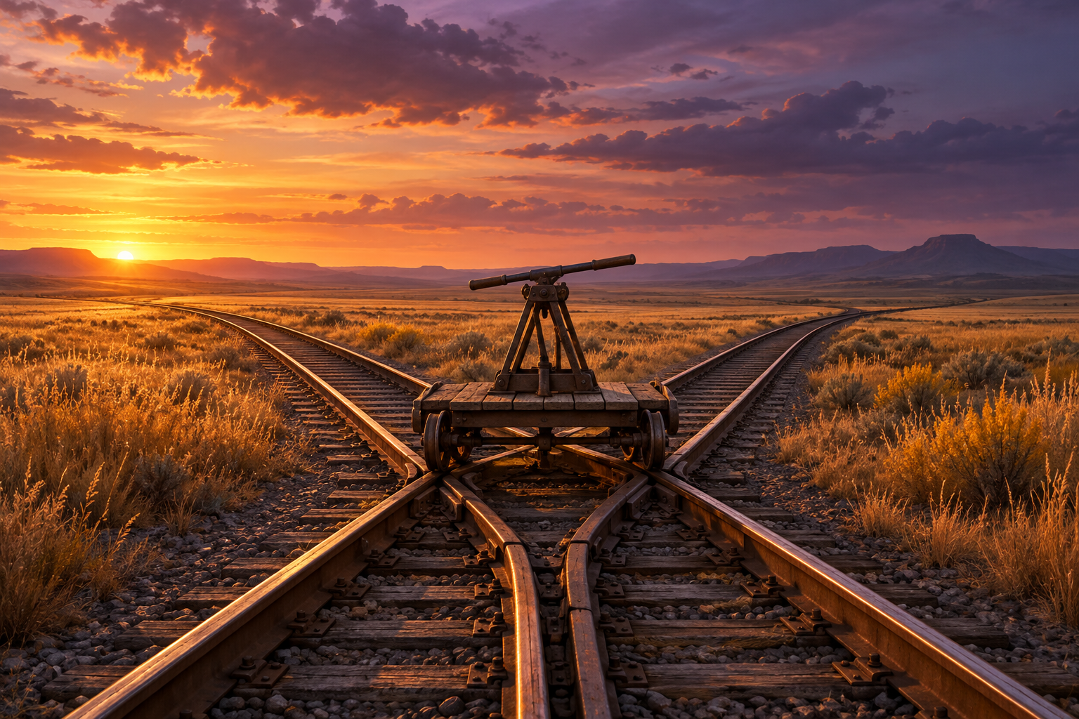 A small rail cart sits at a track switch where two lines split across an open prairie at sunset.