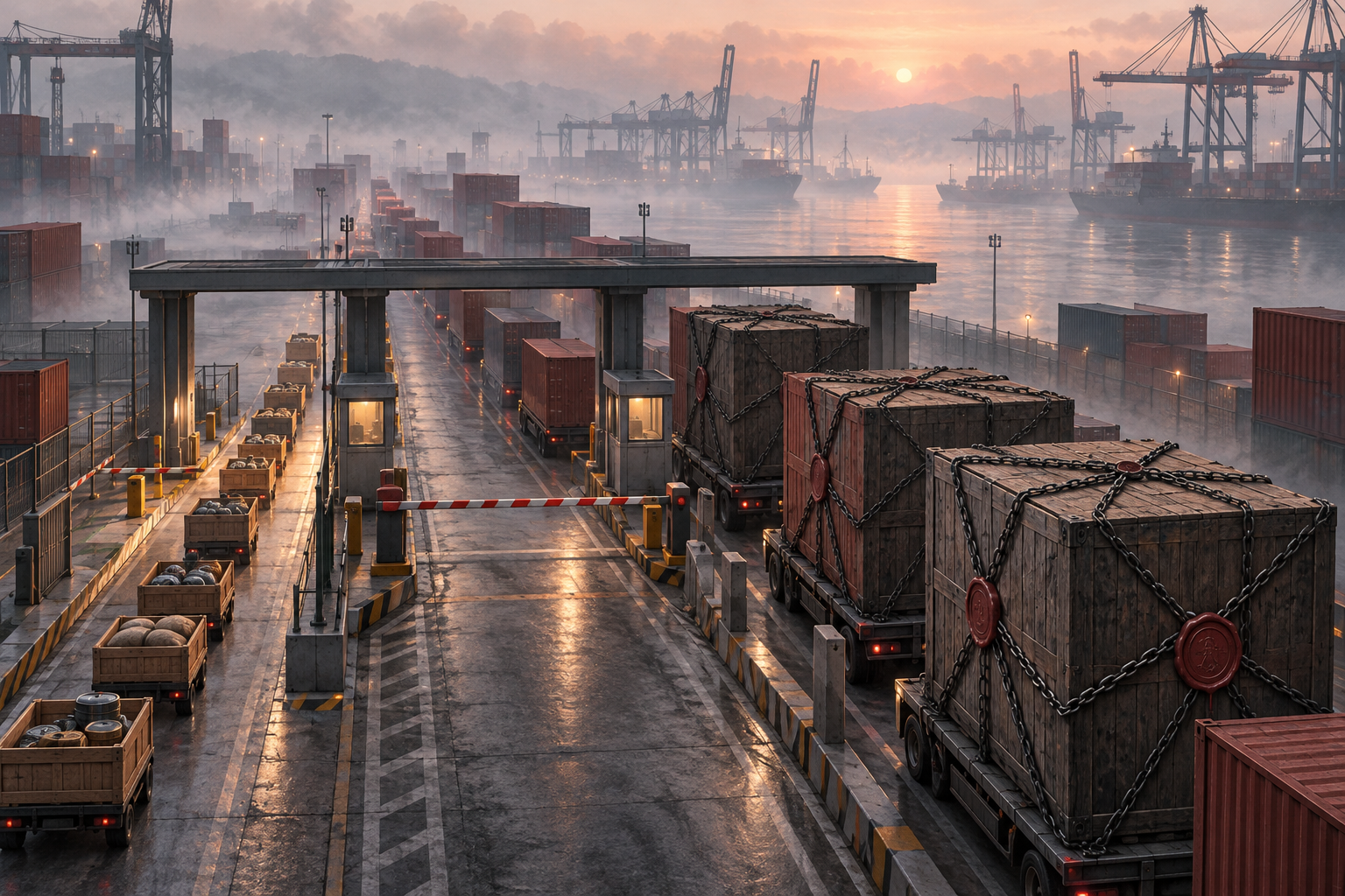 An aerial view of a misty port checkpoint where the largest chained, sealed shipping crates are held back while small open crates pass through a side lane.