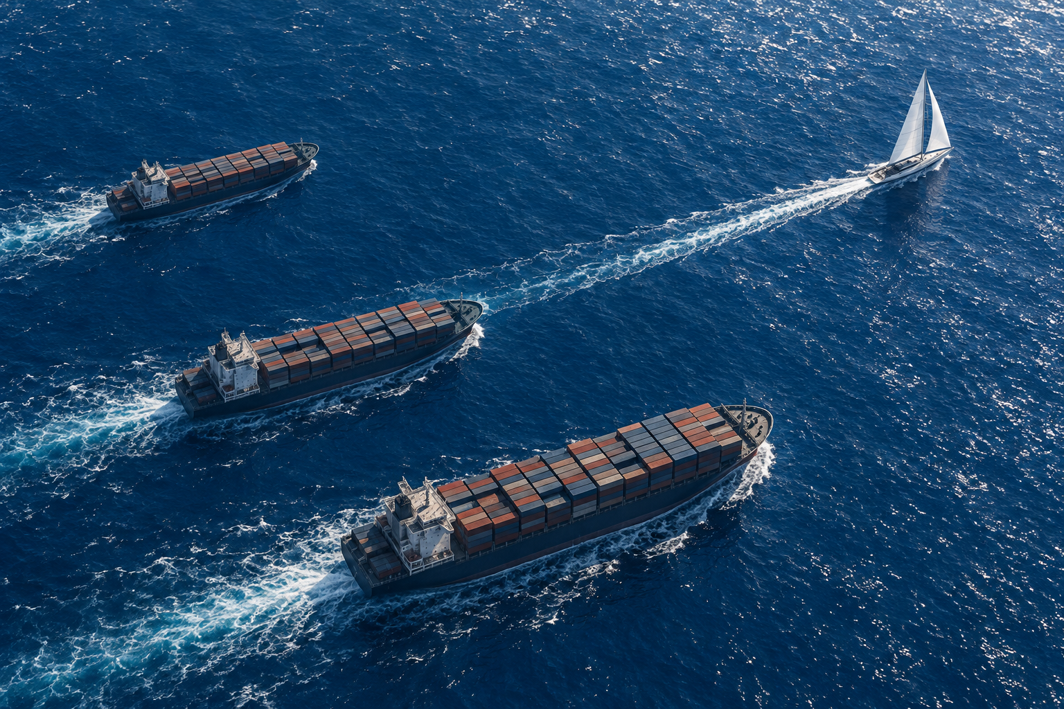 From above, a small racing sailboat overtakes several large cargo ships on a bright blue sea.