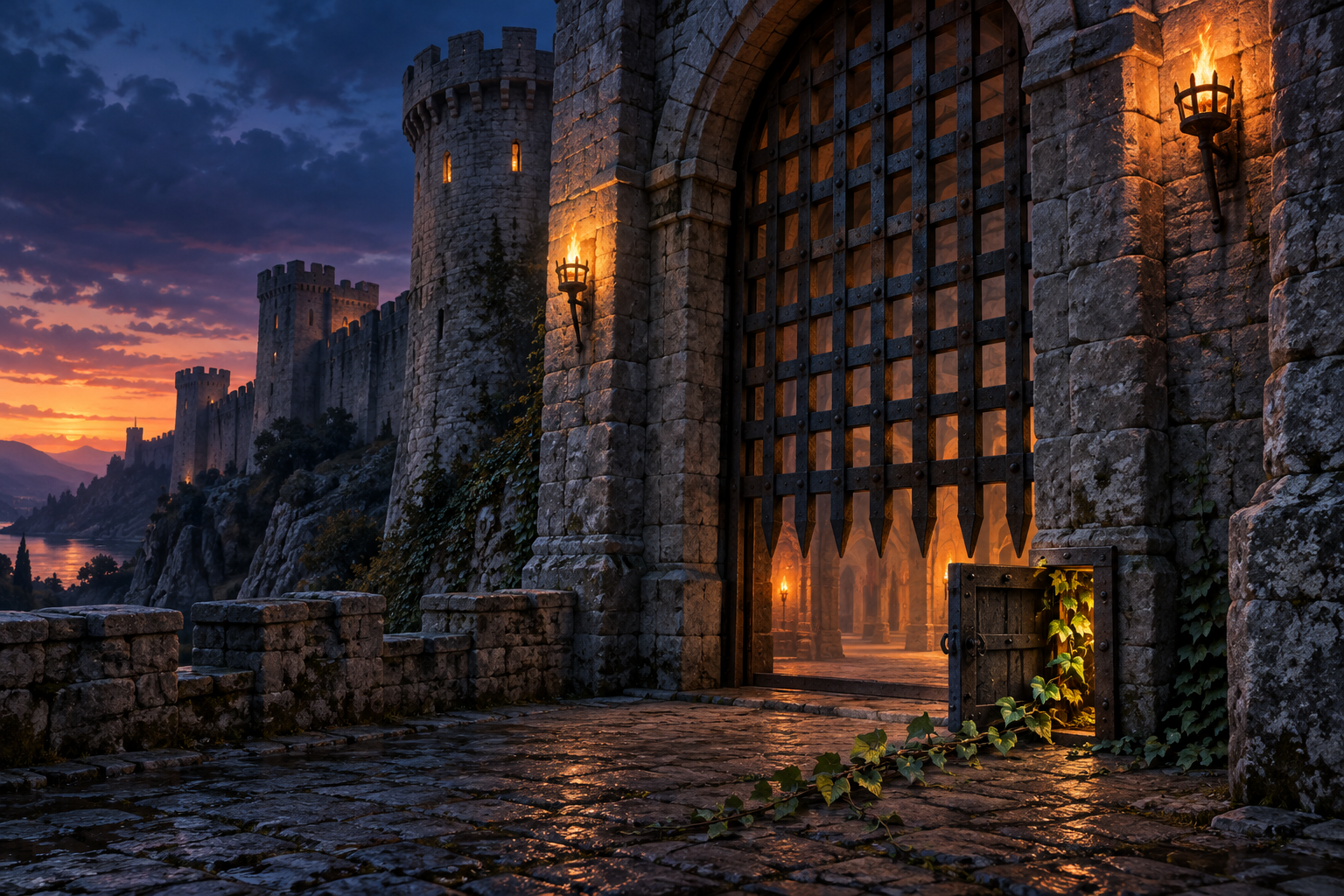 A fortified stone gatehouse at dusk with its main gate shut while ivy creeps in through a small pried-open maintenance hatch.
