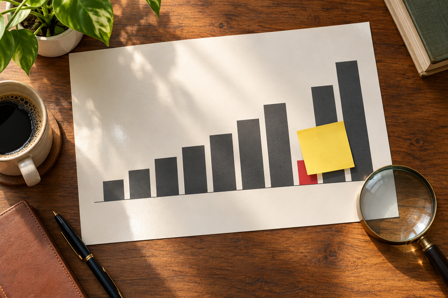 A glossy report on a desk, with a sticky note half-covering a single red bar in an otherwise rising chart.