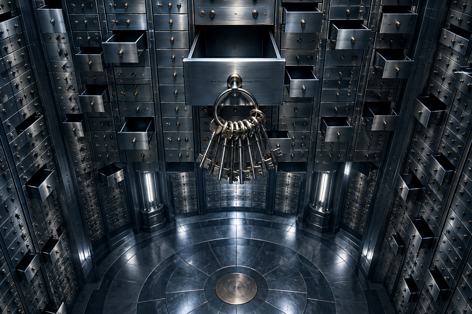 An overhead view of a steel vault where one master key ring hangs open and many surrounding deposit drawers stand ajar.