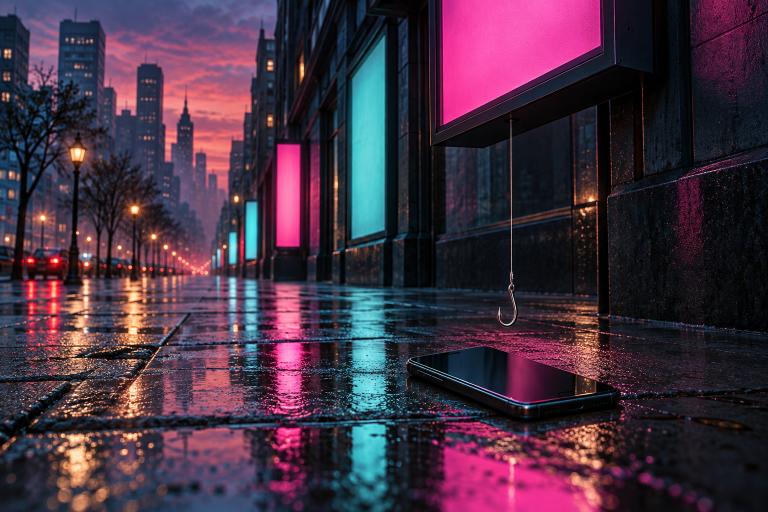 A fishing hook hangs from a glowing street advertisement toward a smartphone lying on a wet sidewalk at dusk.