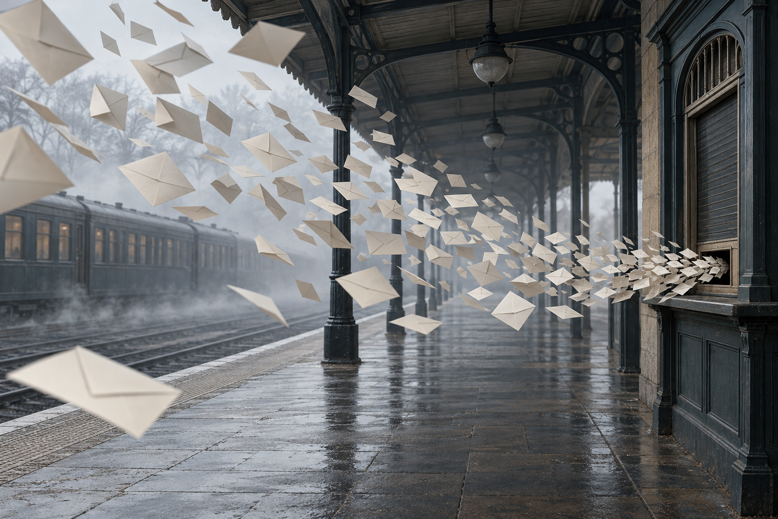 A whirlwind of blank envelopes swirls along an empty, misty railway platform toward a closed ticket window.