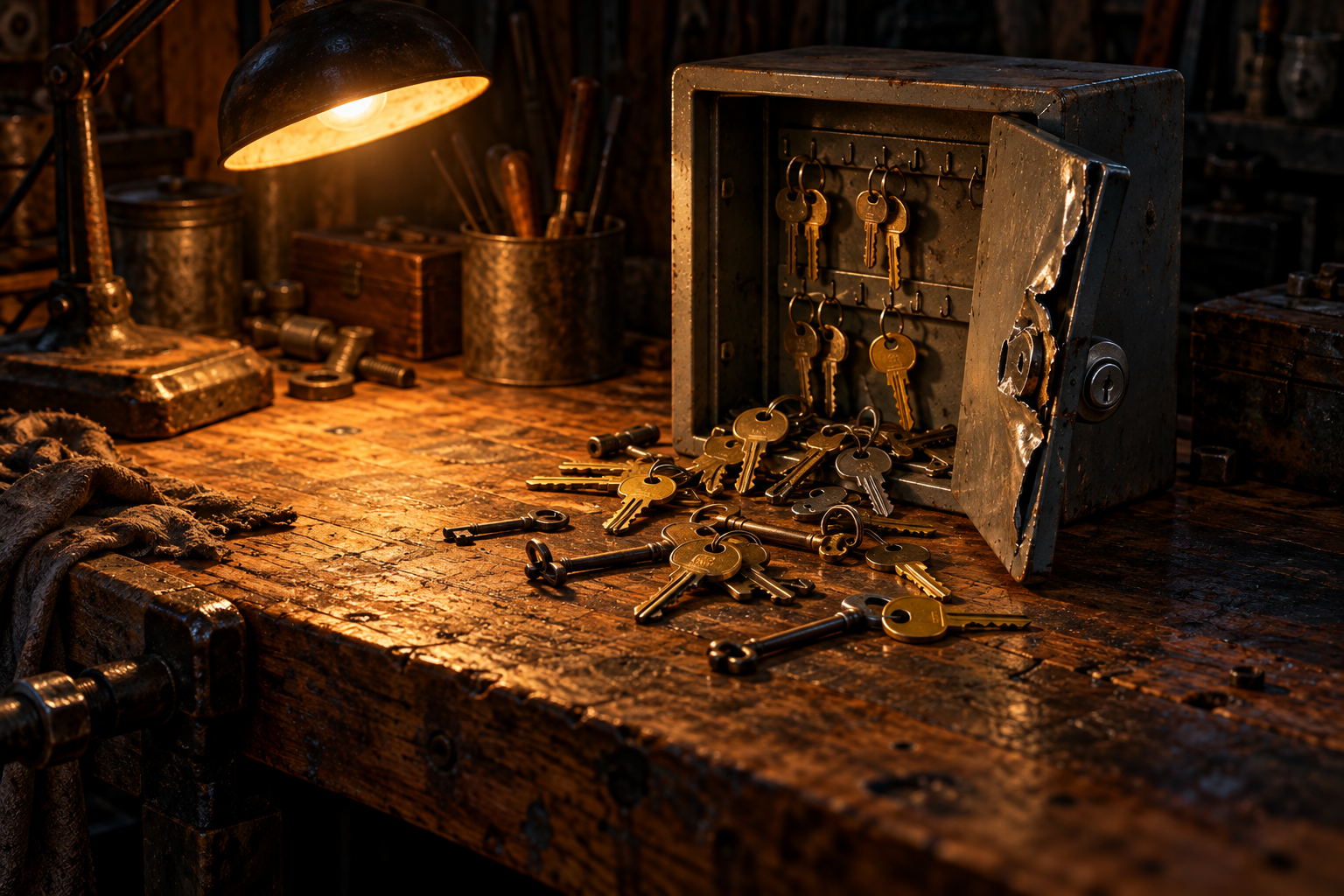 A pried-open key cabinet on a lamplit workbench, with brass keys spilling out across the wood.