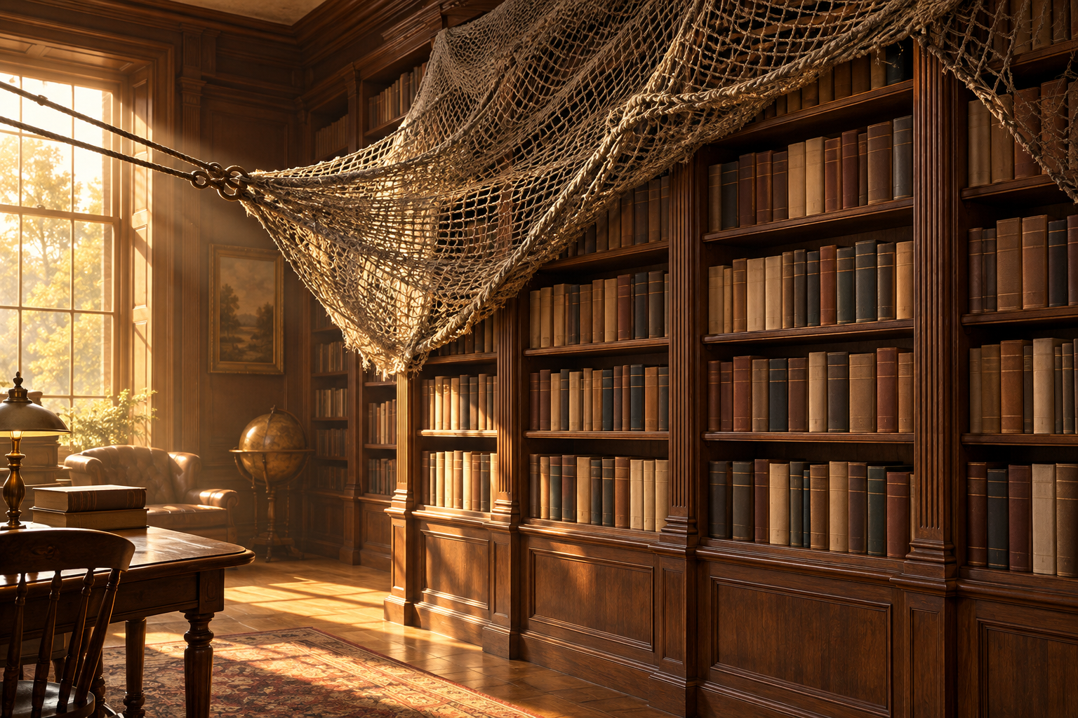 A large fishing net is pulled back off a tall bookshelf in a sunlit wood-paneled library.