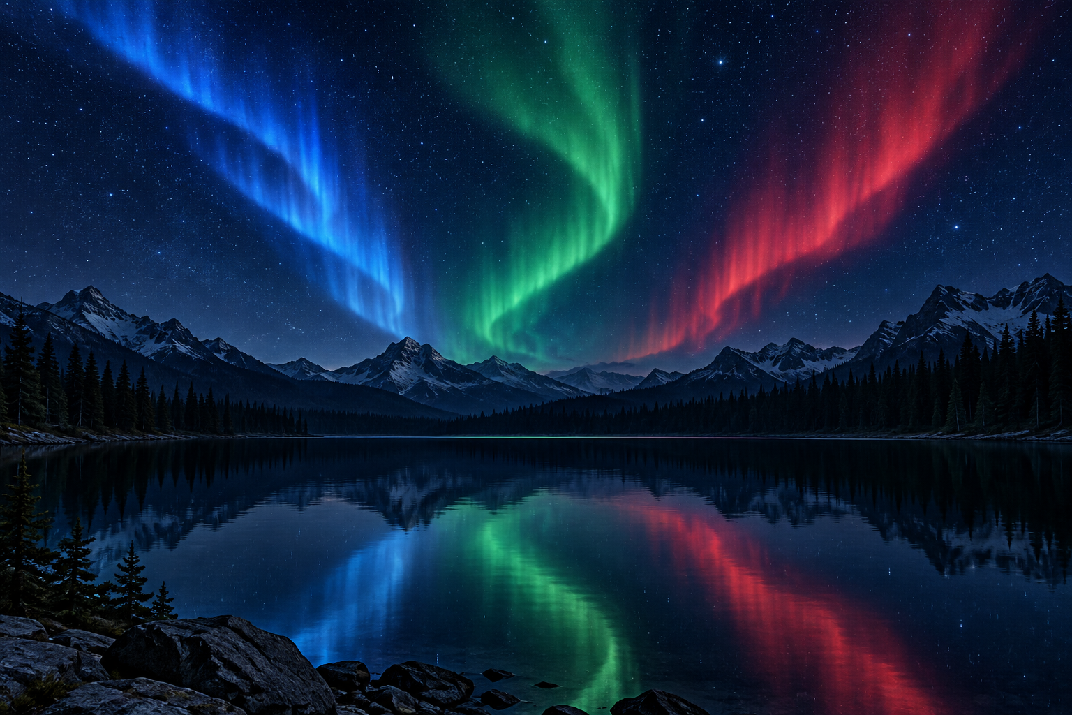 Three faint aurora ribbons in blue, green and red reflect in a dark mountain lake at night.