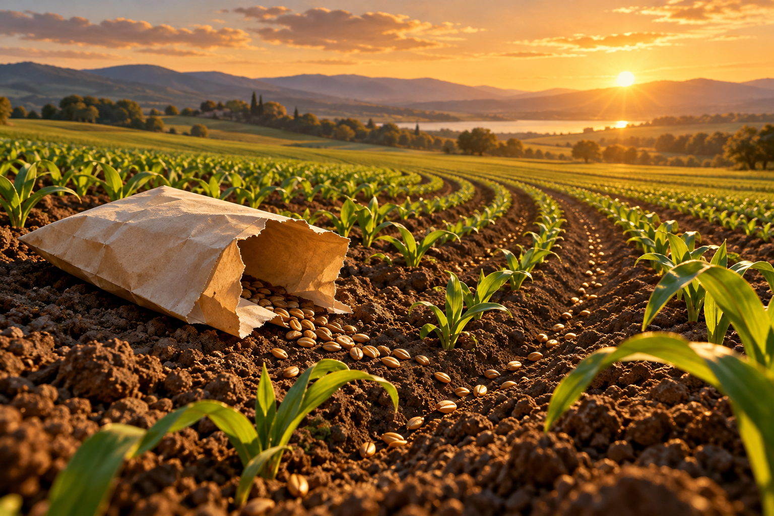 Seeds from a torn packet land in smooth elliptical furrows across a sunlit field.
