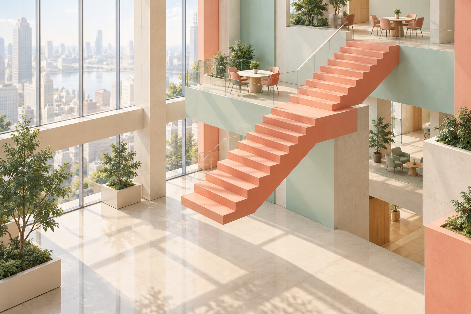 An isometric pastel staircase in an office atrium is missing its lowest steps, with meeting tables on the upper landings.