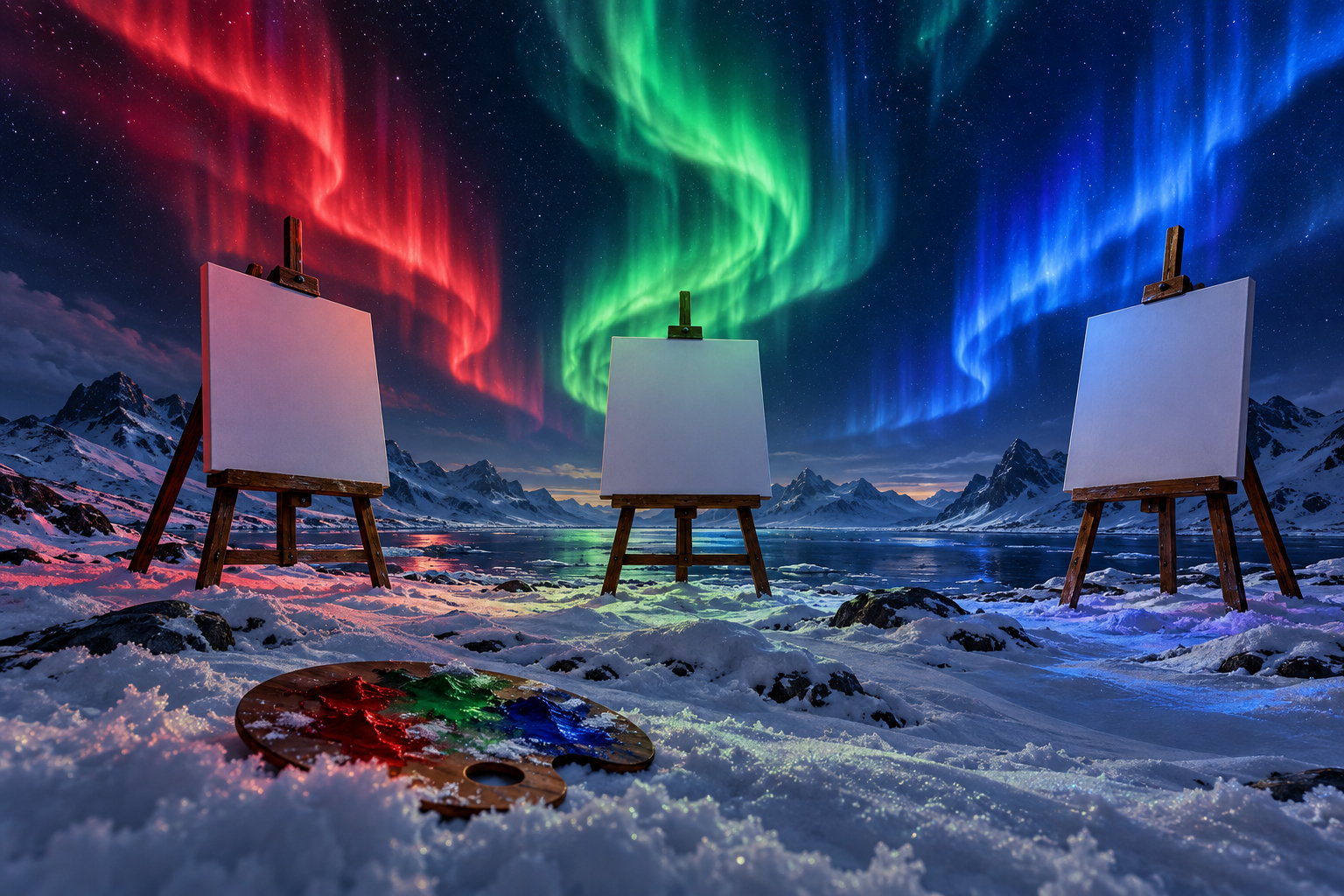 Three easels on a snowy plain beneath red, green and blue auroras.