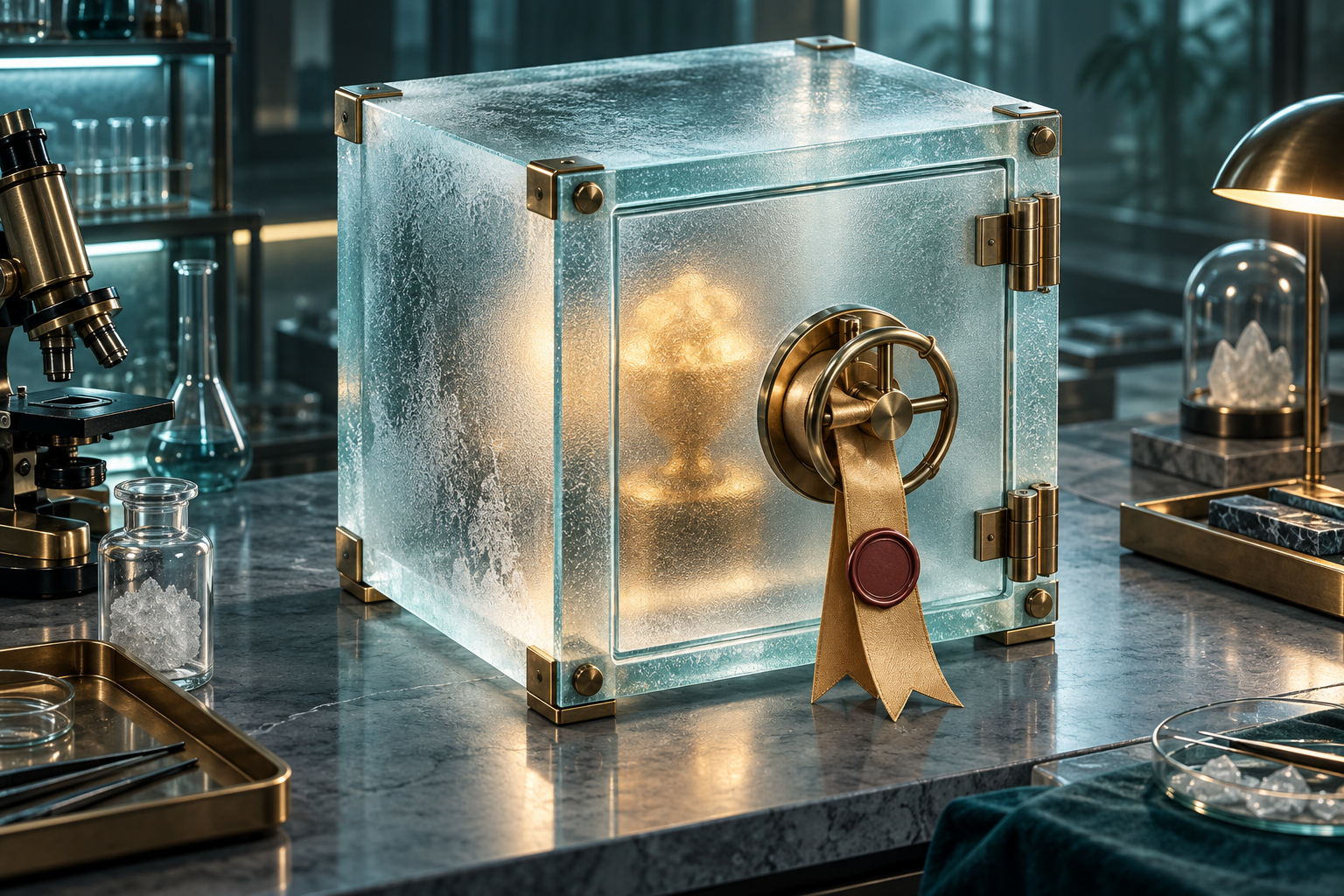 A frosted glass vault on a lab bench with a sealed ribbon around its handle.
