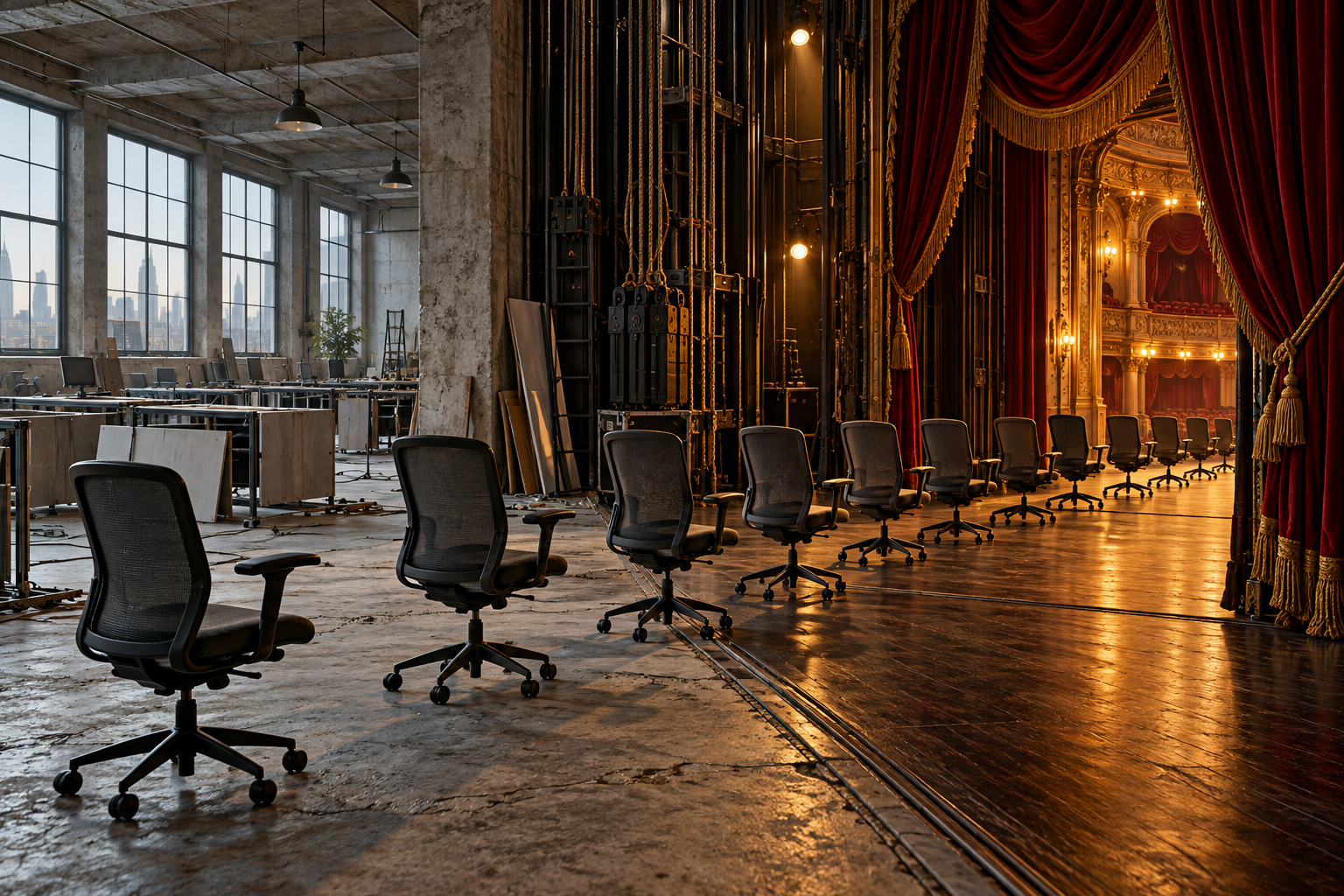 A row of office chairs rolling from an empty loft into a theater's backstage door.