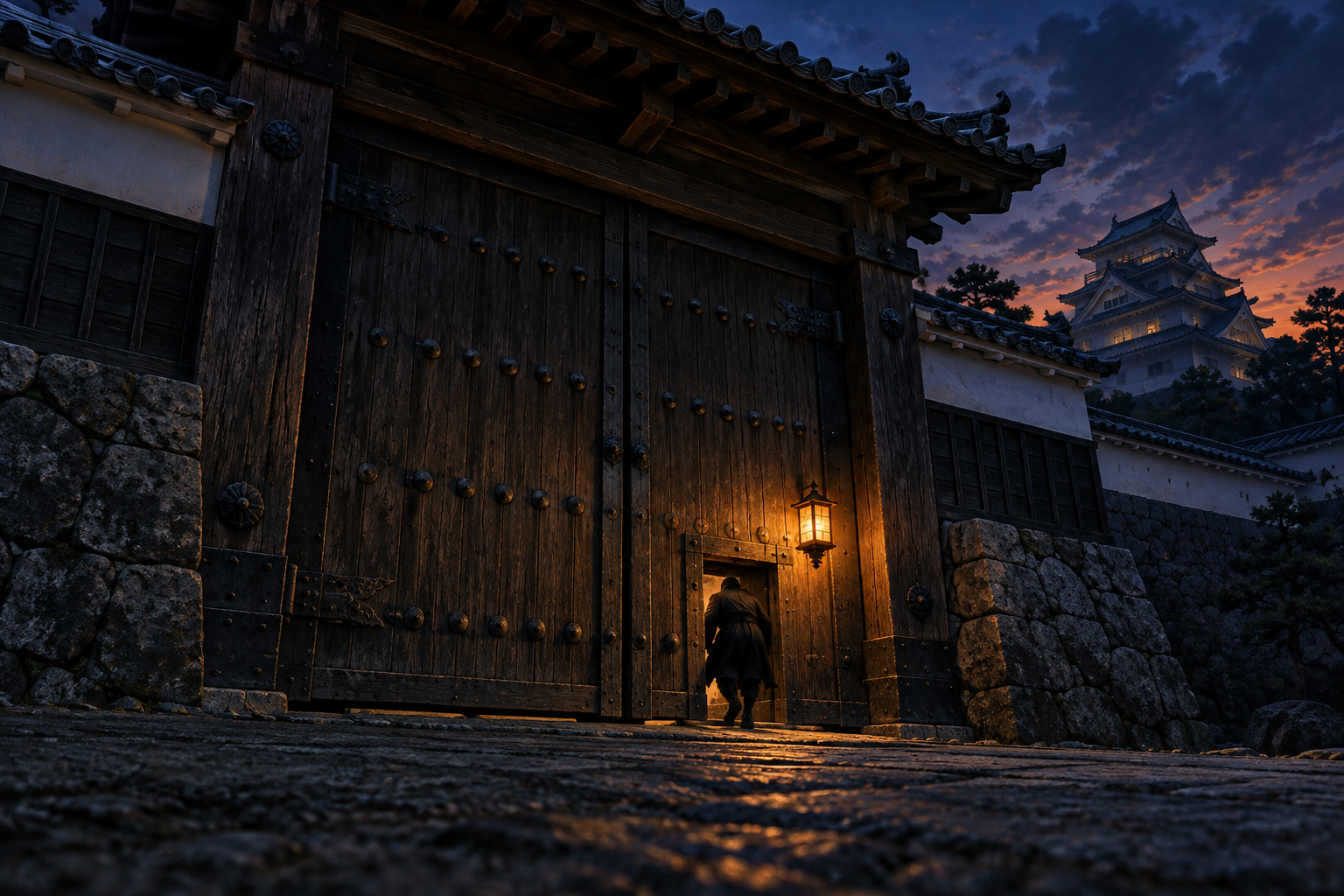 A shadowy figure slips through a small hatch in a closed castle gate at dusk.