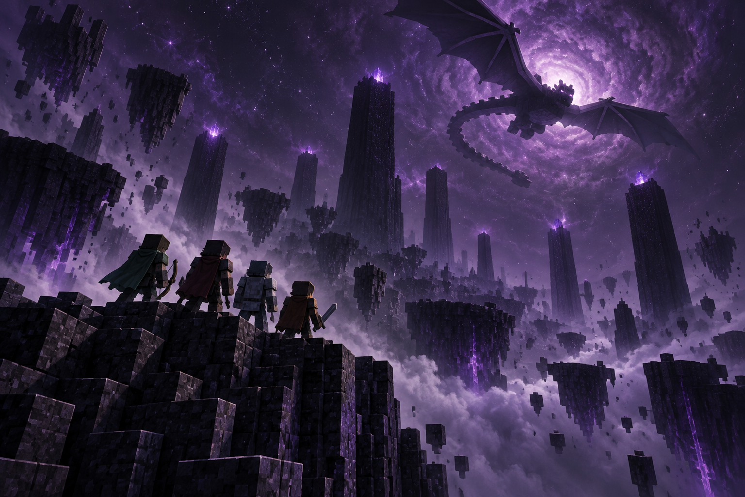 Four blocky explorers on a cube-stone cliff face a winged silhouette above dark pillars.