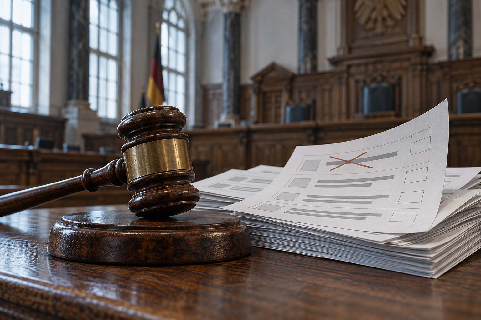 A gavel rests on a stack of paper slips on an oak courtroom bench.